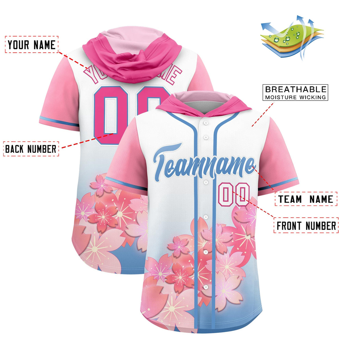 Custom Hooded Baseball Jersey | Pink Light Blue Cherry Blossom Personalized Name &amp; Number Sport Jersey