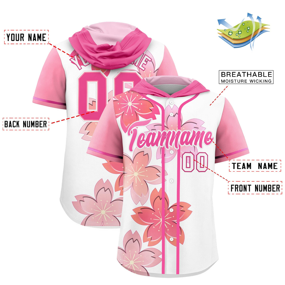 Custom Hooded Baseball Jersey | Pink White Cherry Blossom Personalized Name &amp; Number Sport Jersey