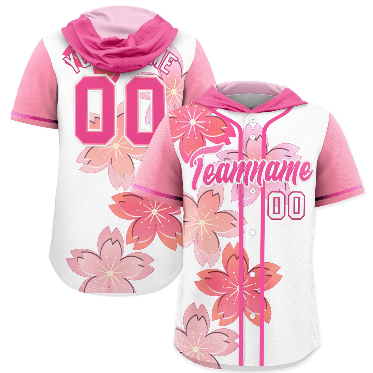 Custom Hooded Baseball Jersey | Pink White Cherry Blossom Personalized Name &amp; Number Sport Jersey