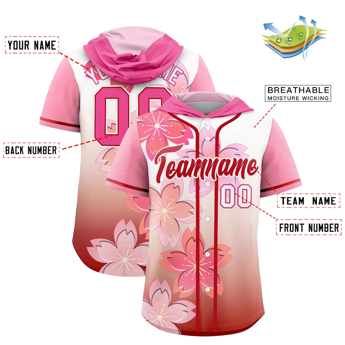 Custom Hooded Baseball Jersey | Pink Red Cherry Blossom Breathable Athleisure Streetwear