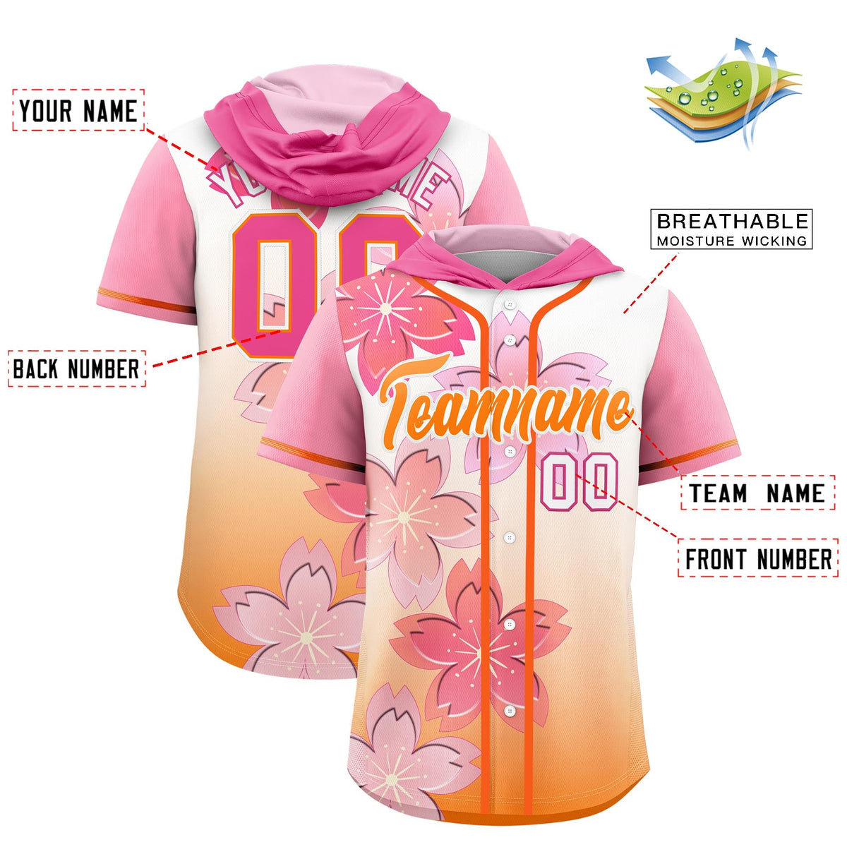 Custom Hooded Baseball Jersey | Pink Orange Cherry Blossom Moisture-Wicking Jersey for Men &amp; Women