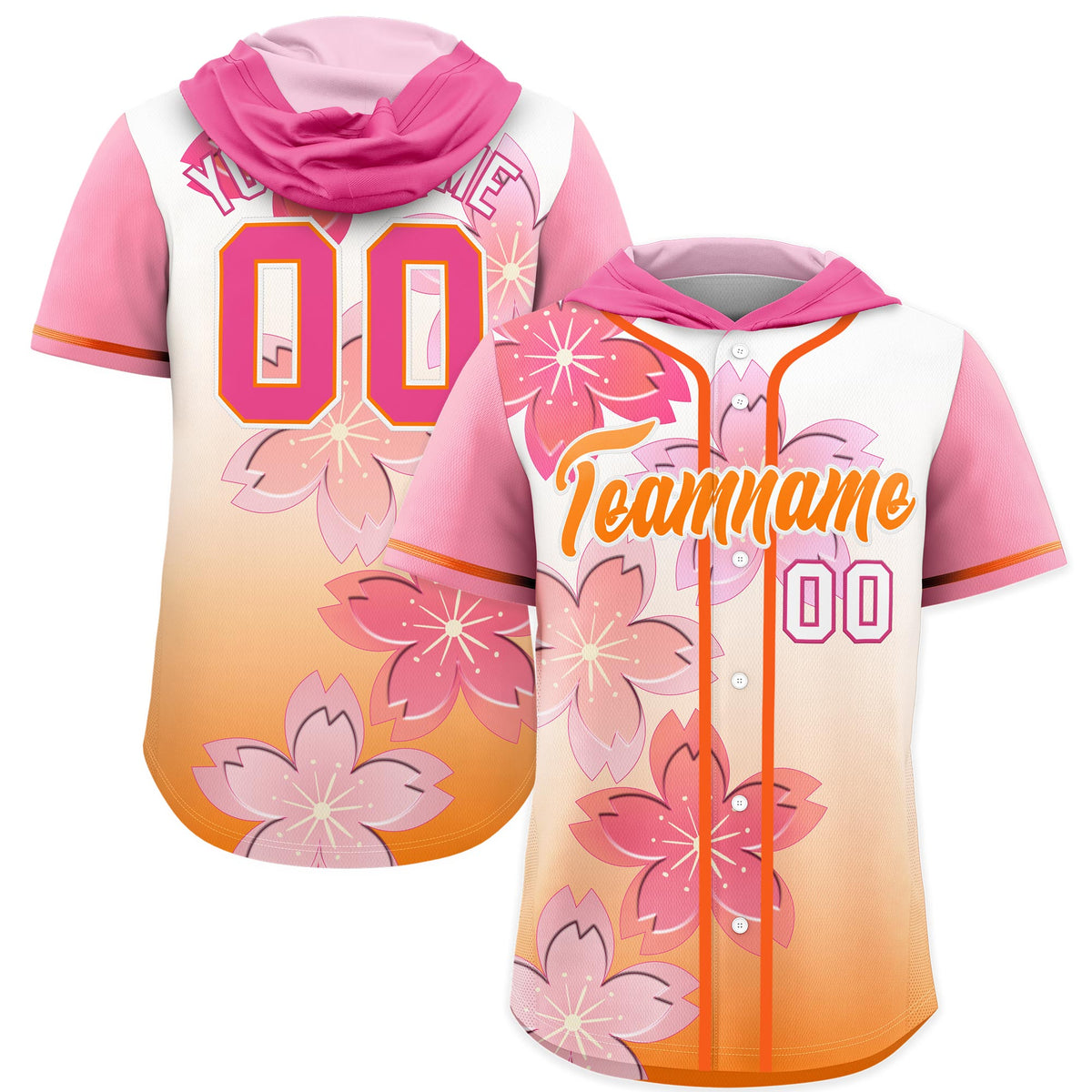 Custom Hooded Baseball Jersey | Pink Orange Cherry Blossom Moisture-Wicking Jersey for Men &amp; Women