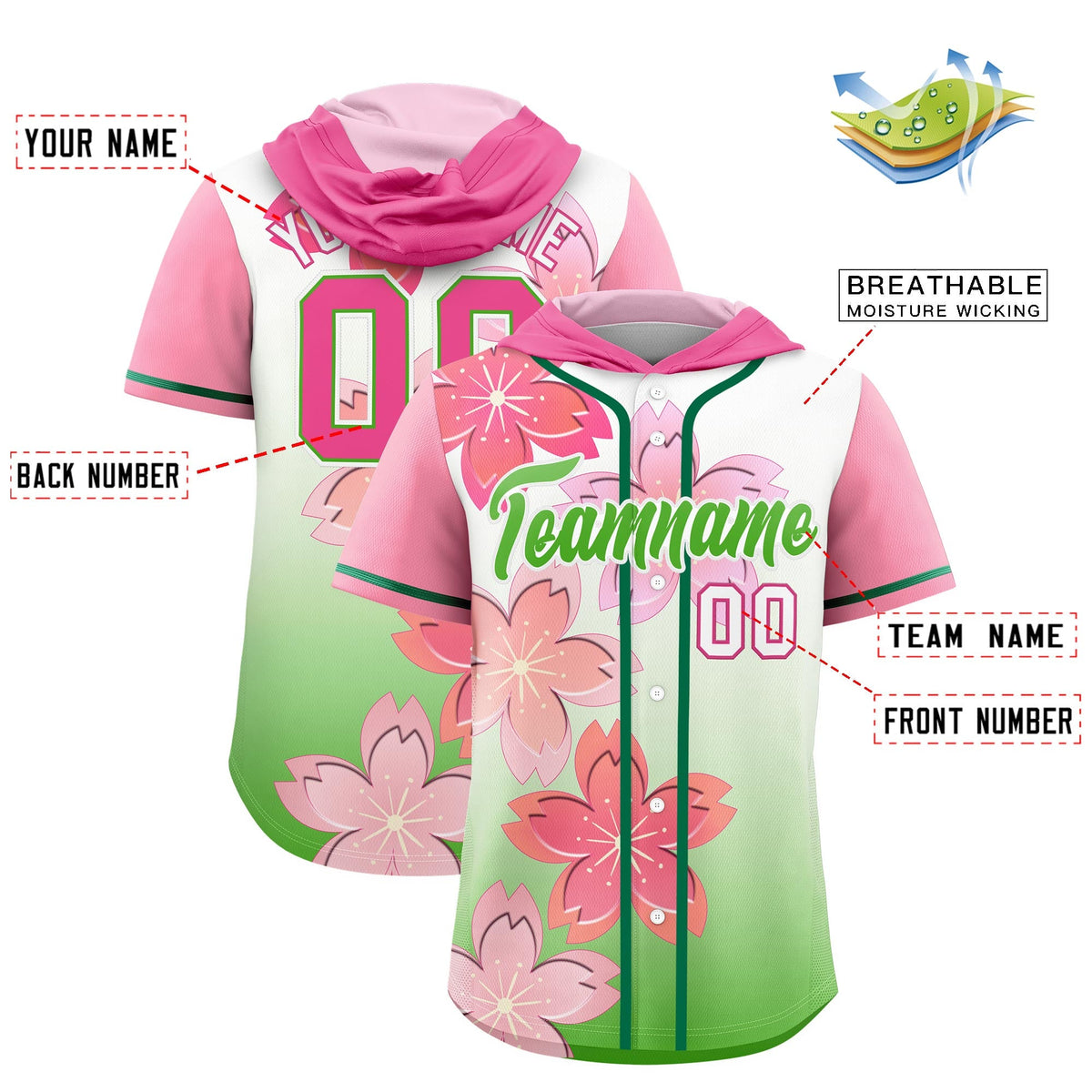 Custom Hooded Baseball Jersey | Pink Light Green Cherry Blossom Breathable Athleisure Streetwear