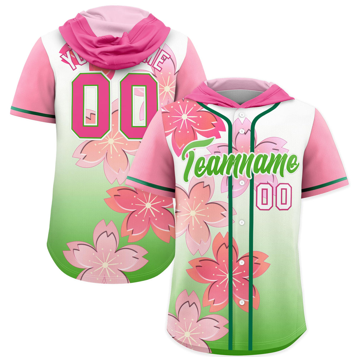 Custom Hooded Baseball Jersey | Pink Light Green Cherry Blossom Breathable Athleisure Streetwear