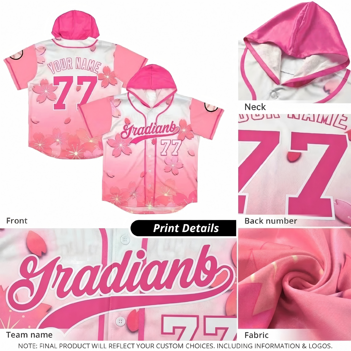 Custom Hooded Baseball Jersey | Pink Powder Blue Cherry Blossom Moisture-Wicking Jersey for Men &amp; Women