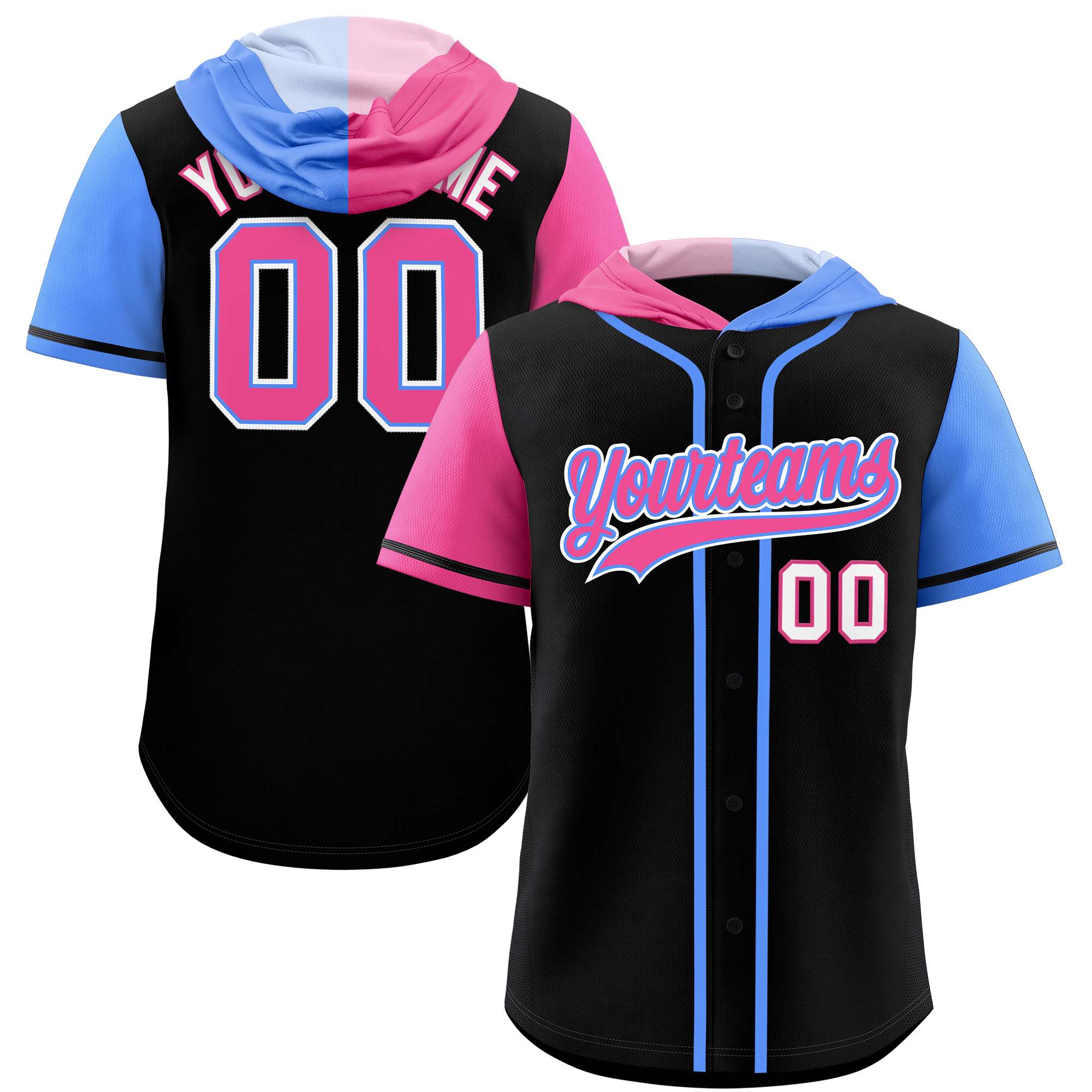 Custom Black Pink and Powder Blue Split Fashion Raglan Sleeves Authentic Baseball Hoodie Jersey