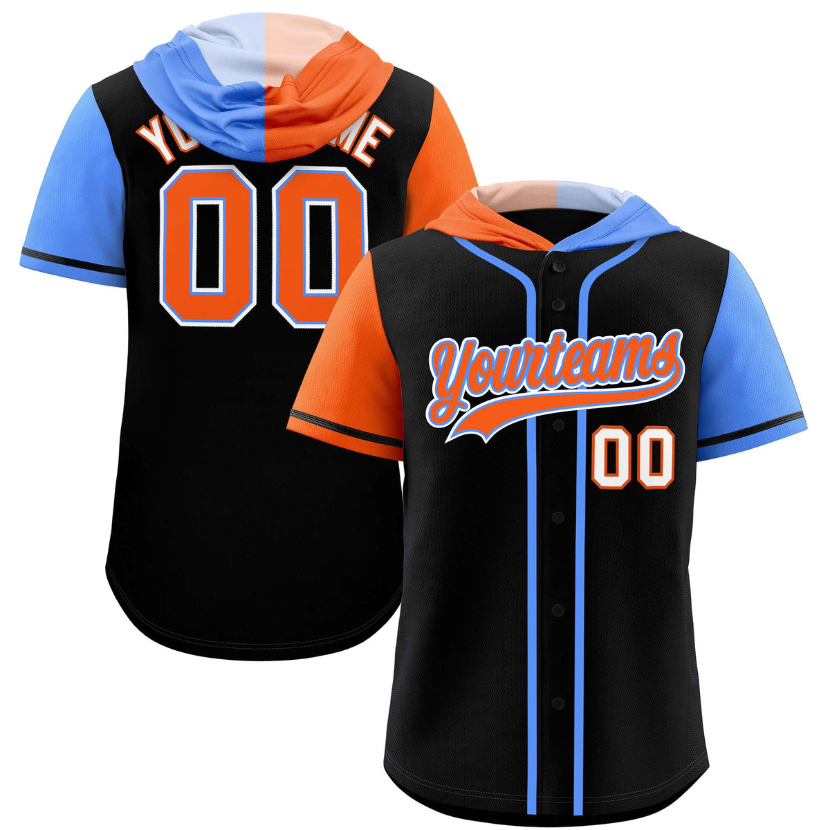 Custom Black Orange and Powder Blue Split Fashion Raglan Sleeves Authentic Baseball Hoodie Jersey