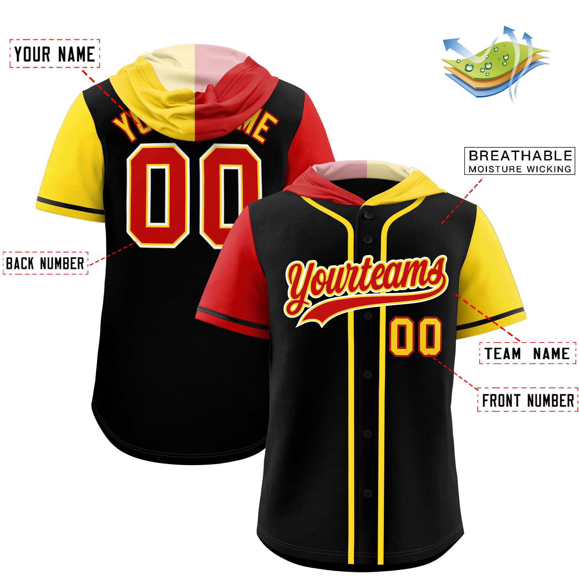 Custom Black Red and Gold Split Fashion Raglan Sleeves Authentic Baseball Hoodie Jersey