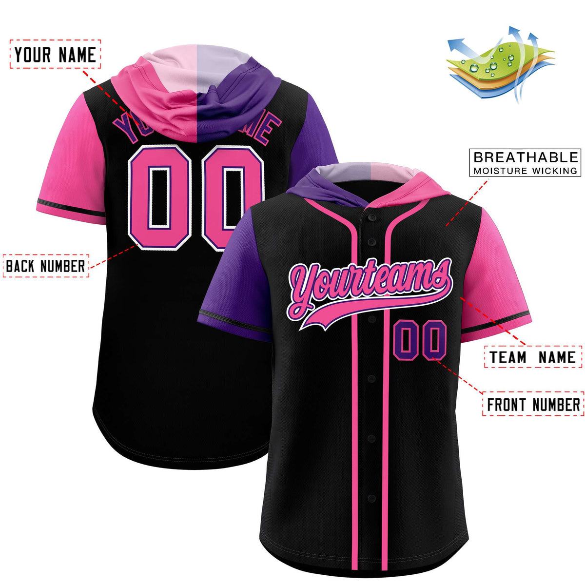 Custom Black Purple and Pink Split Fashion Raglan Sleeves Authentic Baseball Hoodie Jersey