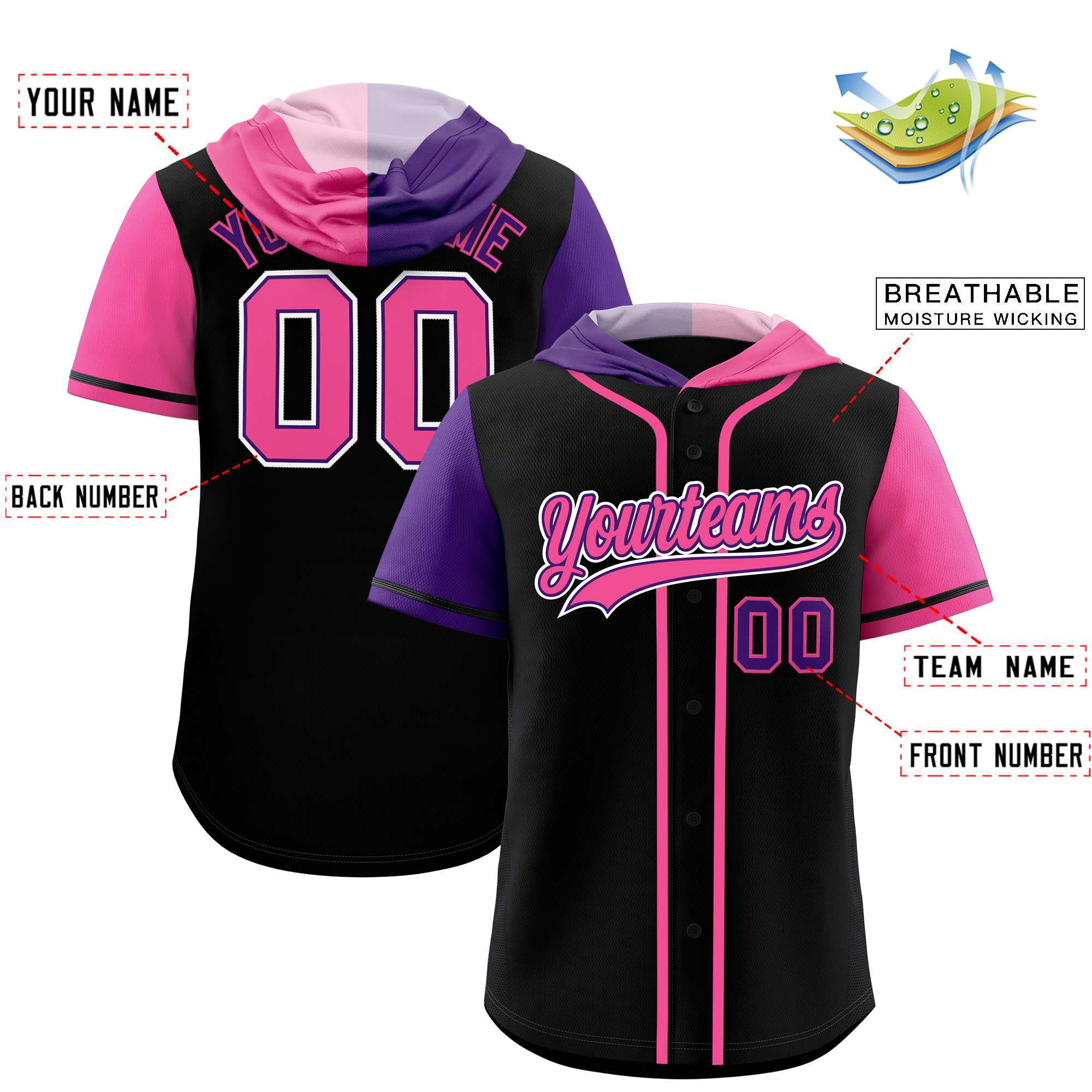 Custom Black Purple and Pink Split Fashion Raglan Sleeves Authentic Baseball Hoodie Jersey