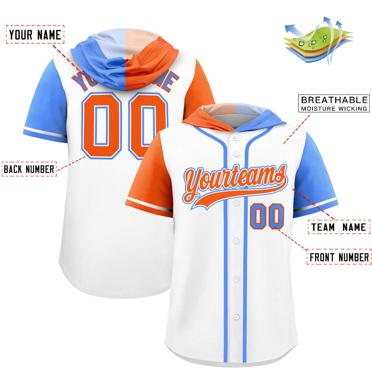 Custom White Orange and Powder Blue Split Fashion Raglan Sleeves Authentic Baseball Hoodie Jersey