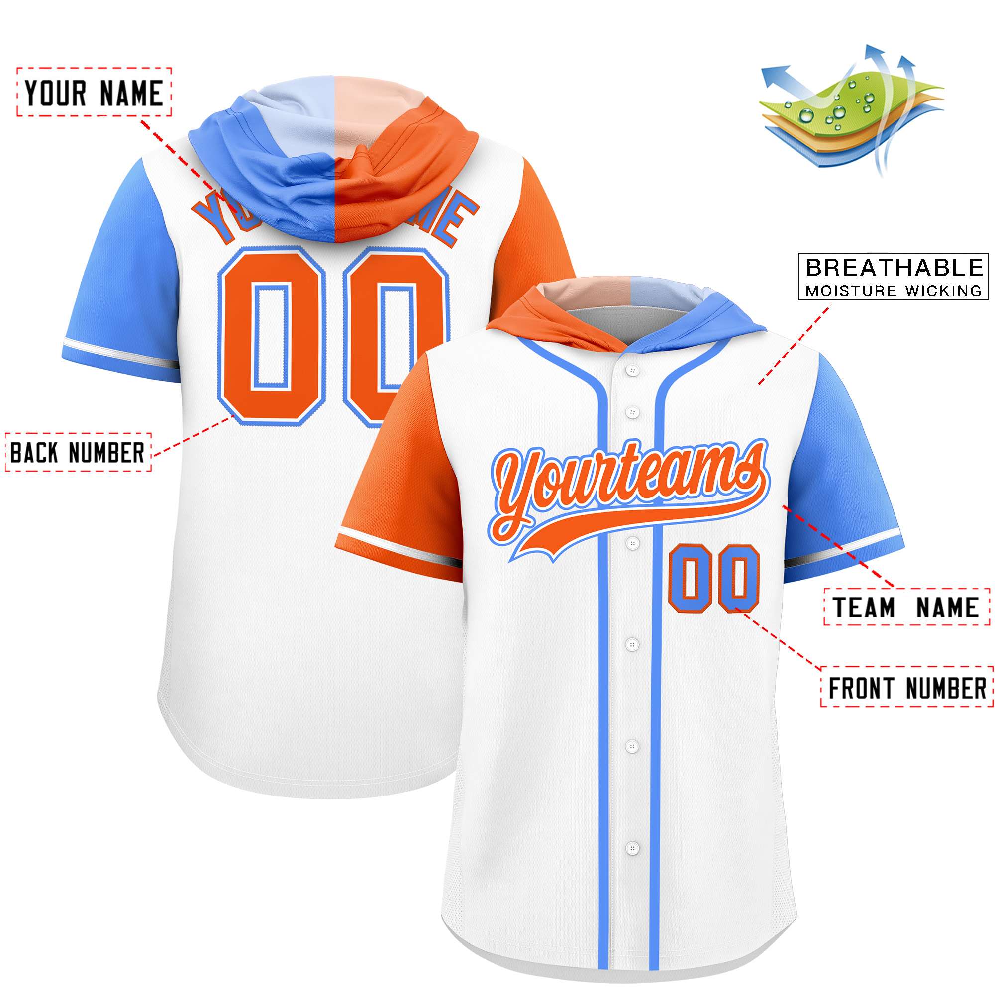 Custom White Orange and Powder Blue Split Fashion Raglan Sleeves Authentic Baseball Hoodie Jersey