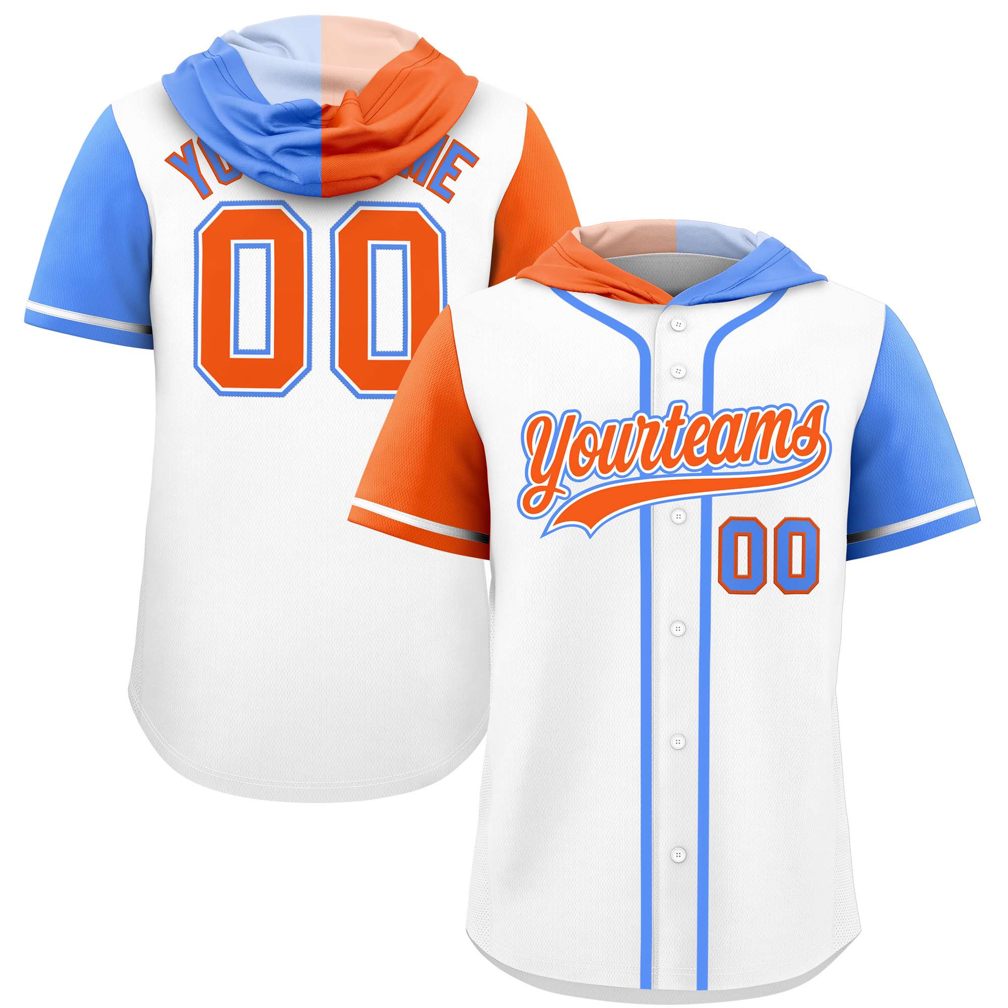 Custom White Orange and Powder Blue Split Fashion Raglan Sleeves Authentic Baseball Hoodie Jersey