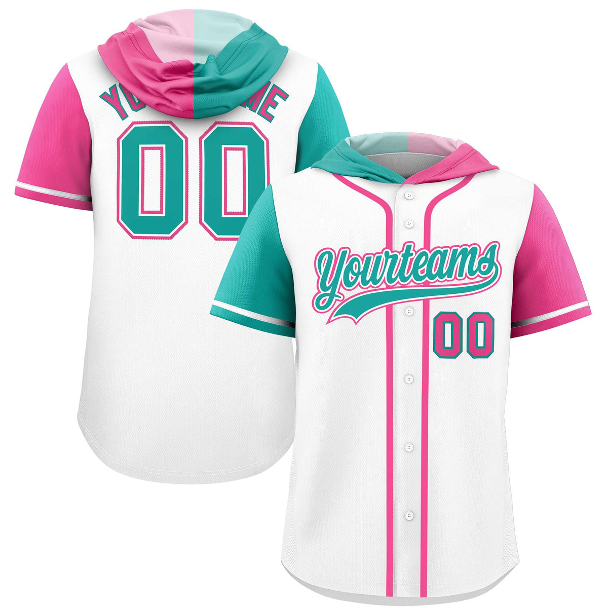 Custom White Aqua and Pink Split Fashion Raglan Sleeves Authentic Baseball Hoodie Jersey