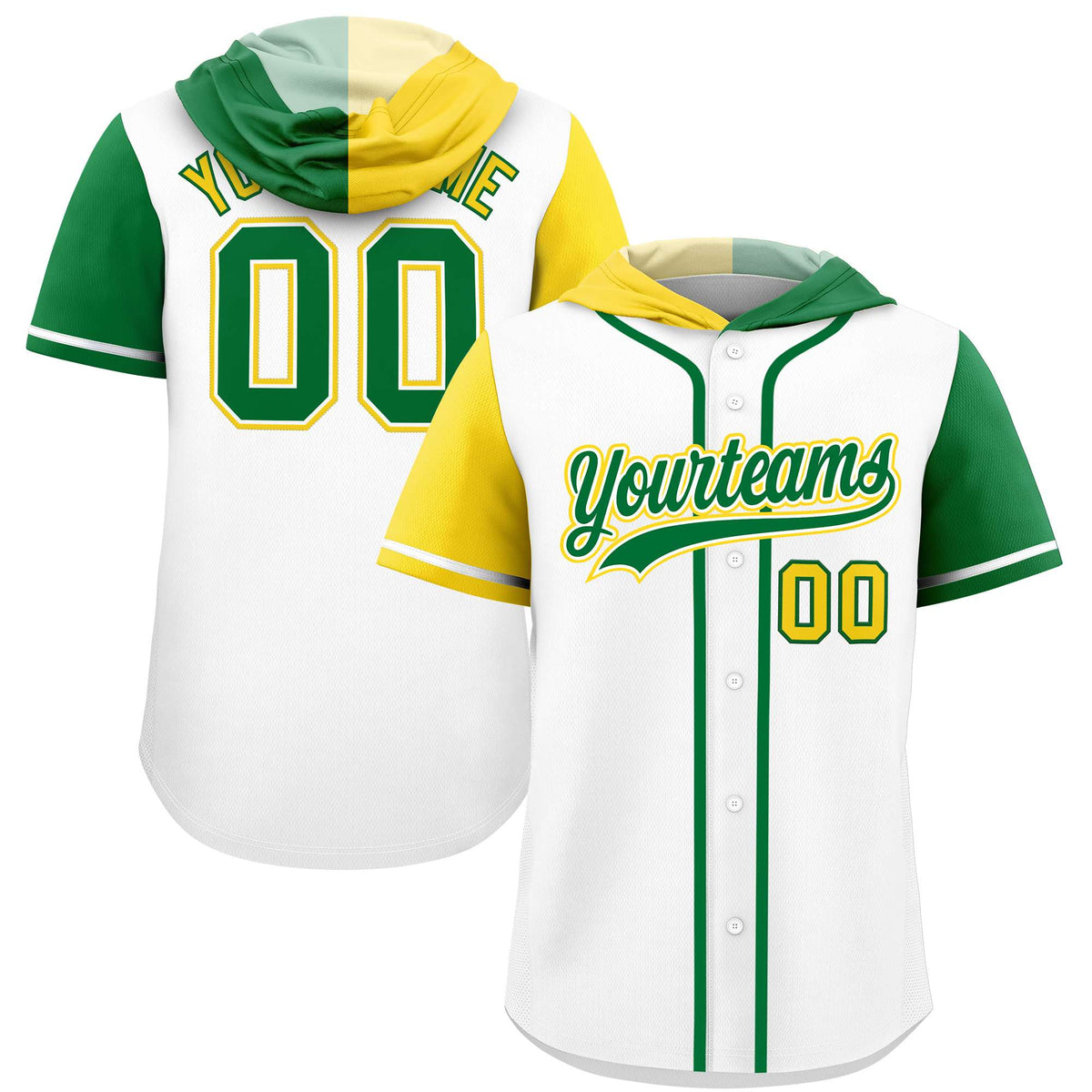 Custom White Gold and Kelly Green Split Fashion Raglan Sleeves Authentic Baseball Hoodie Jersey