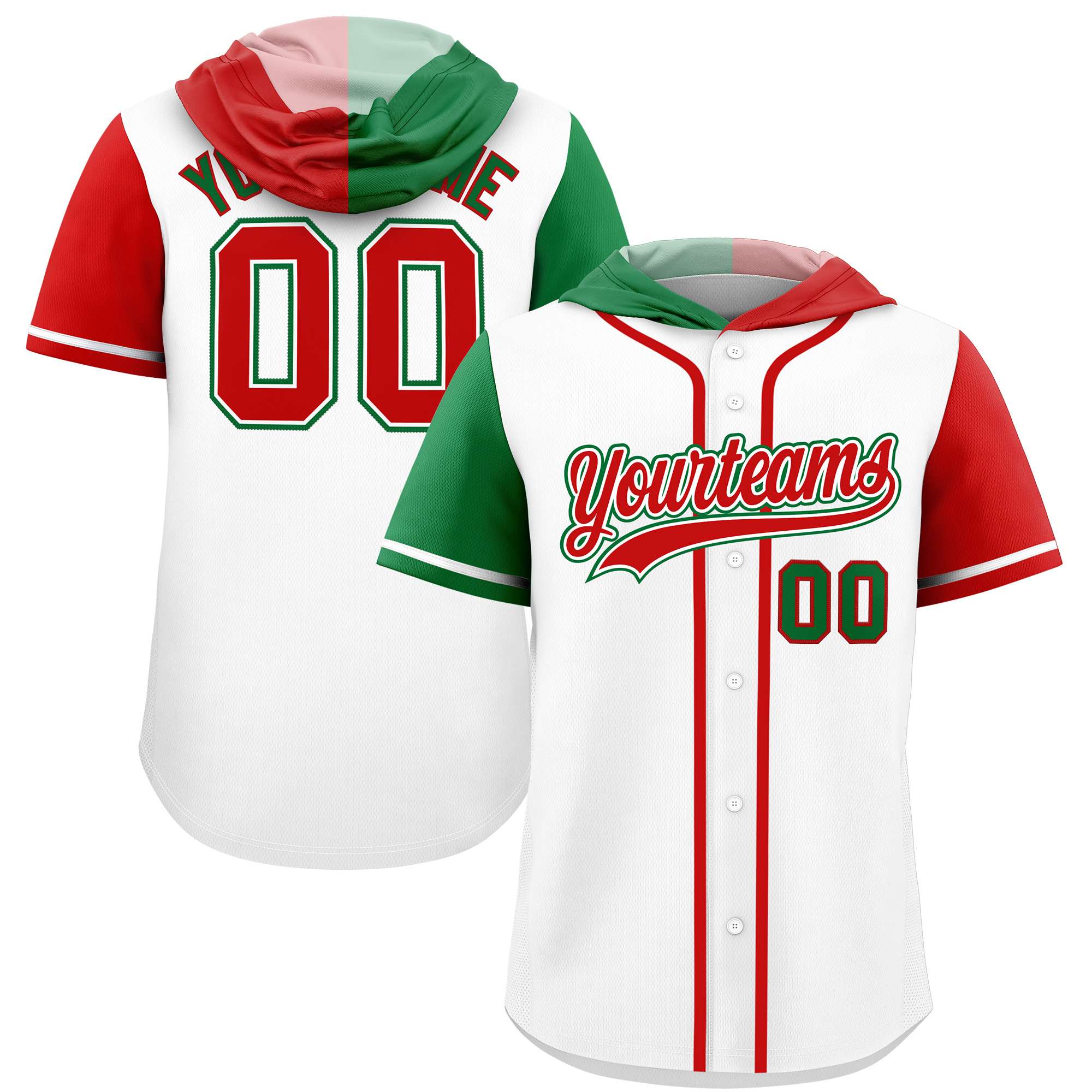 Custom White Kelly Green and Red Split Fashion Raglan Sleeves Authentic Baseball Hoodie Jersey