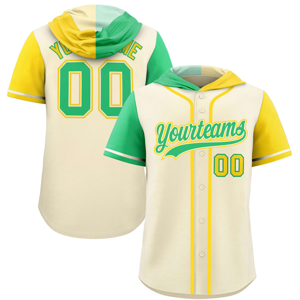Custom Cream Bright Green and Gold Split Fashion Raglan Sleeves Authentic Baseball Hoodie Jersey