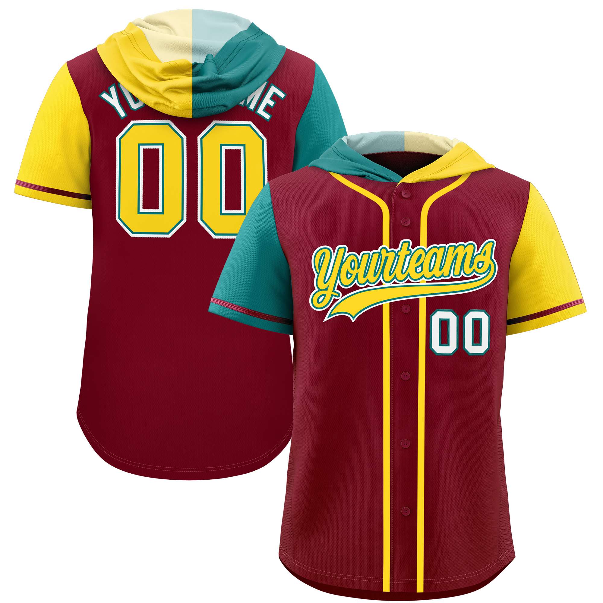 Custom Crimson Aqua and Gold Split Fashion Raglan Sleeves Authentic Baseball Hoodie Jersey