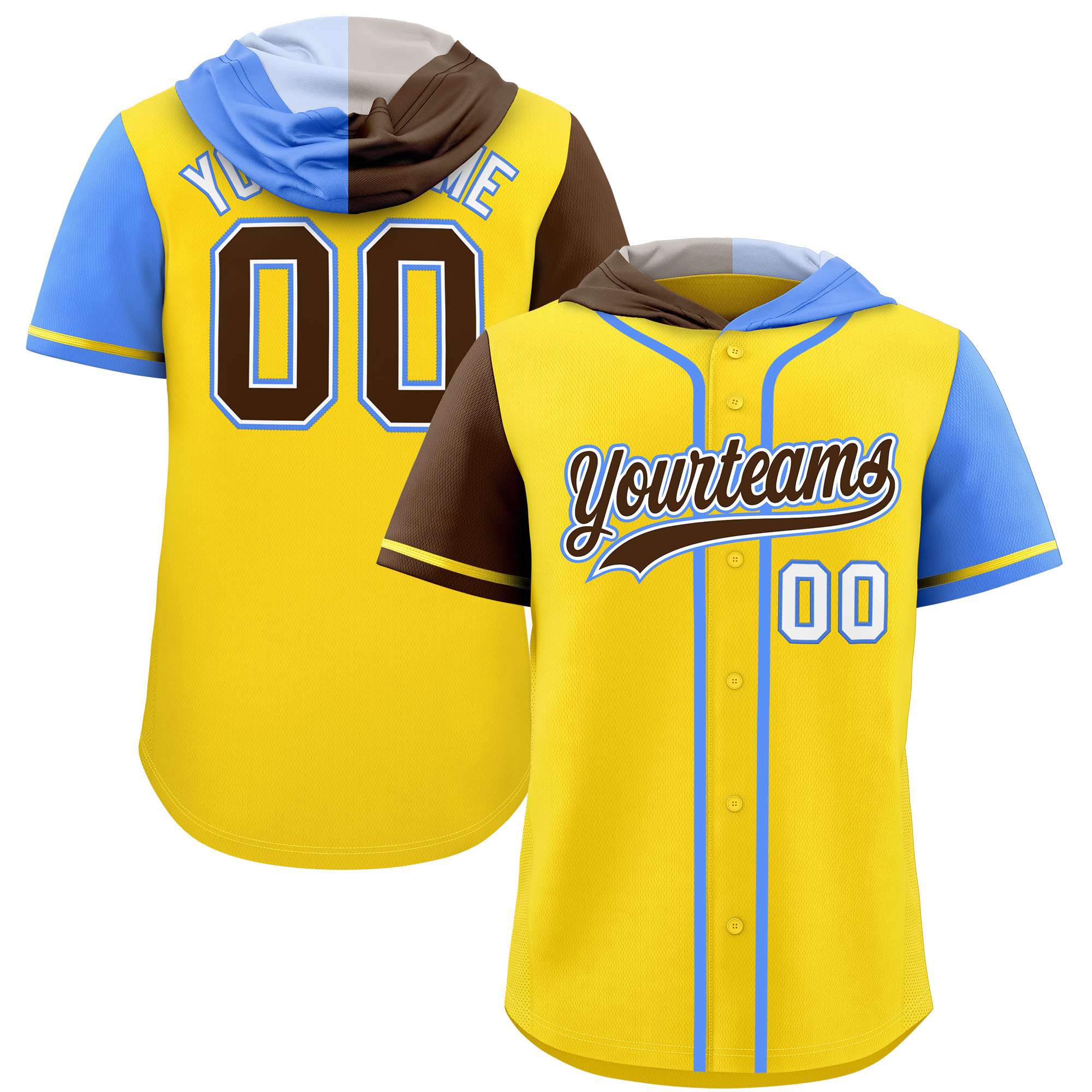 Custom Gold Brown and Powder Blue Split Fashion Raglan Sleeves Authentic Baseball Hoodie Jersey