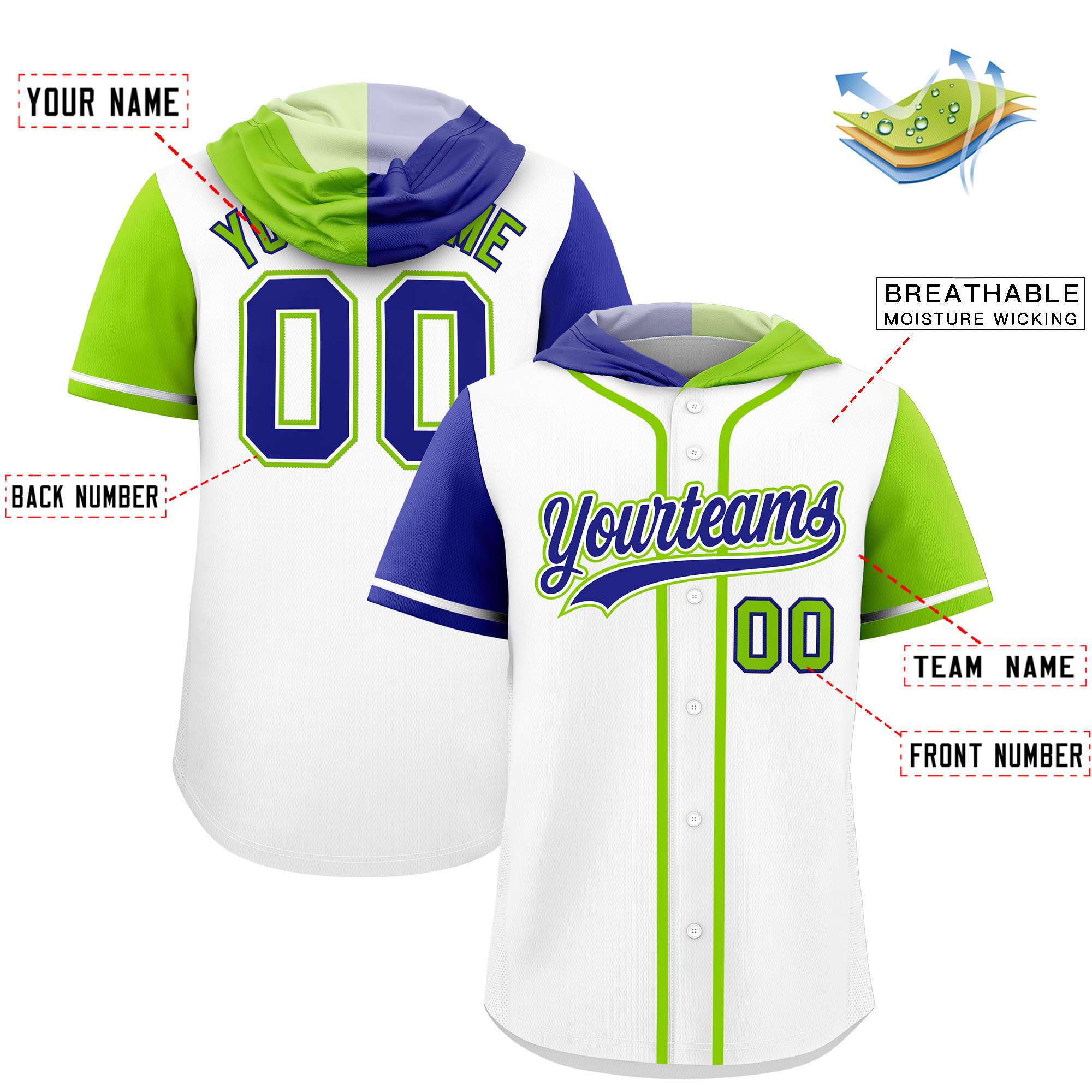 Custom White Royal and Neon Green Split Fashion Raglan Sleeves Authentic Baseball Hoodie Jersey