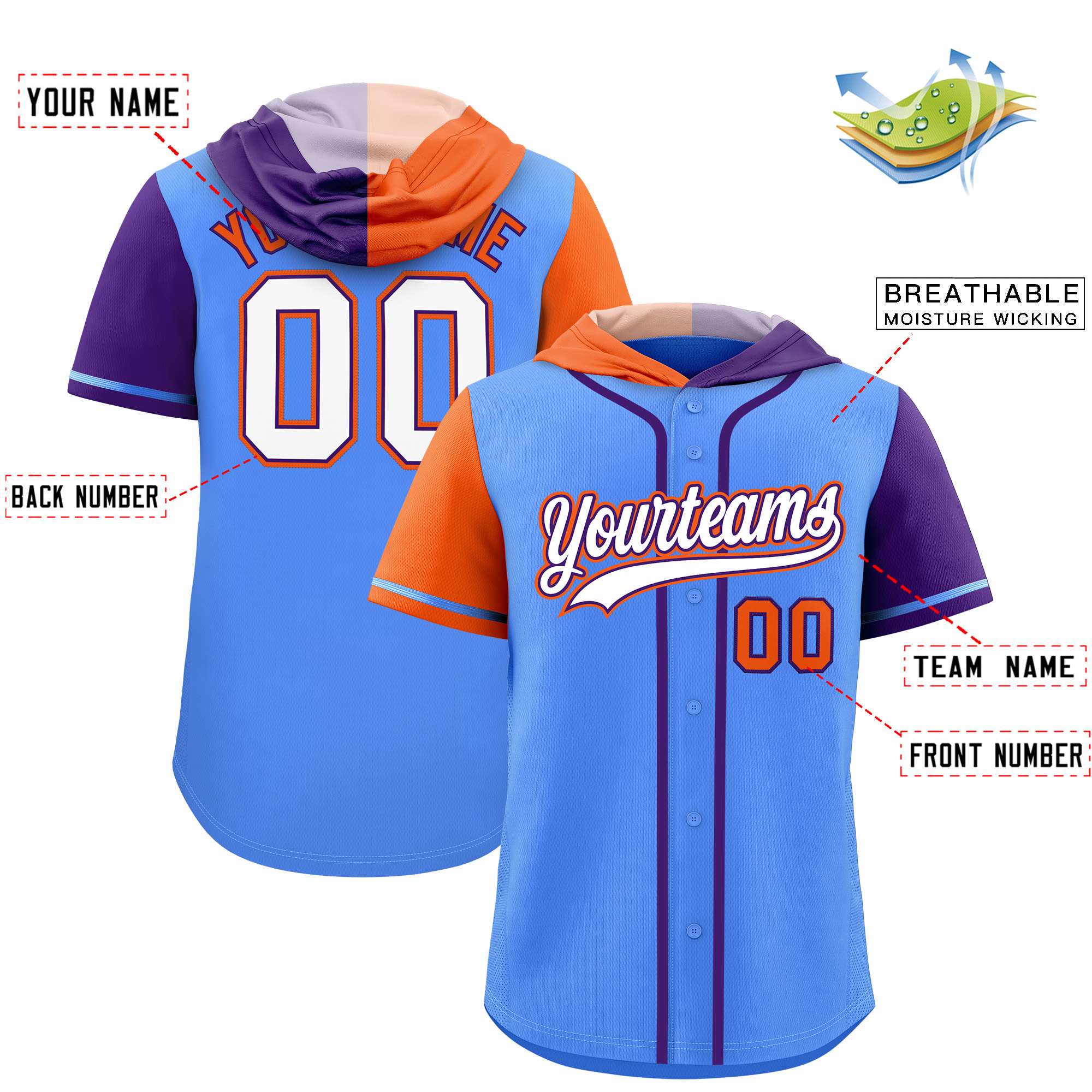 Custom Powder Blue Orange and Purple Split Fashion Raglan Sleeves Authentic Baseball Hoodie Jersey