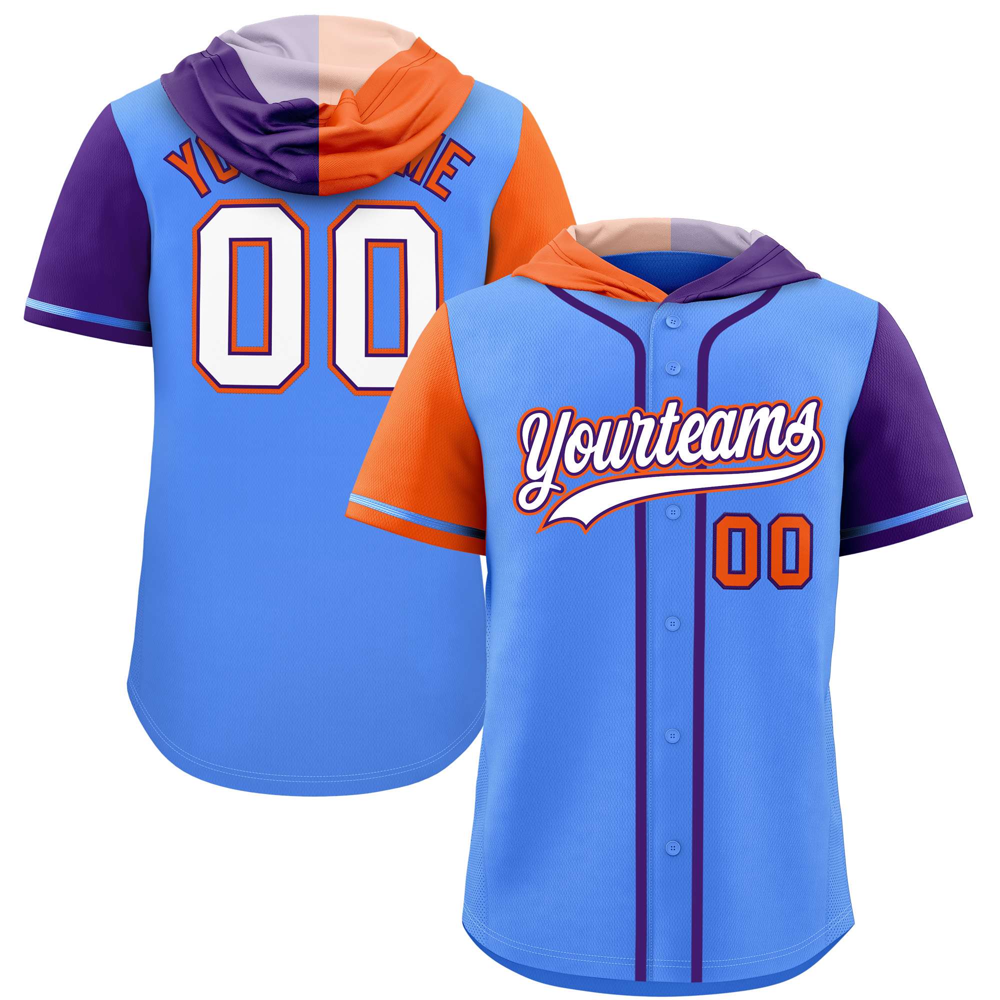 Custom Powder Blue Orange and Purple Split Fashion Raglan Sleeves Authentic Baseball Hoodie Jersey