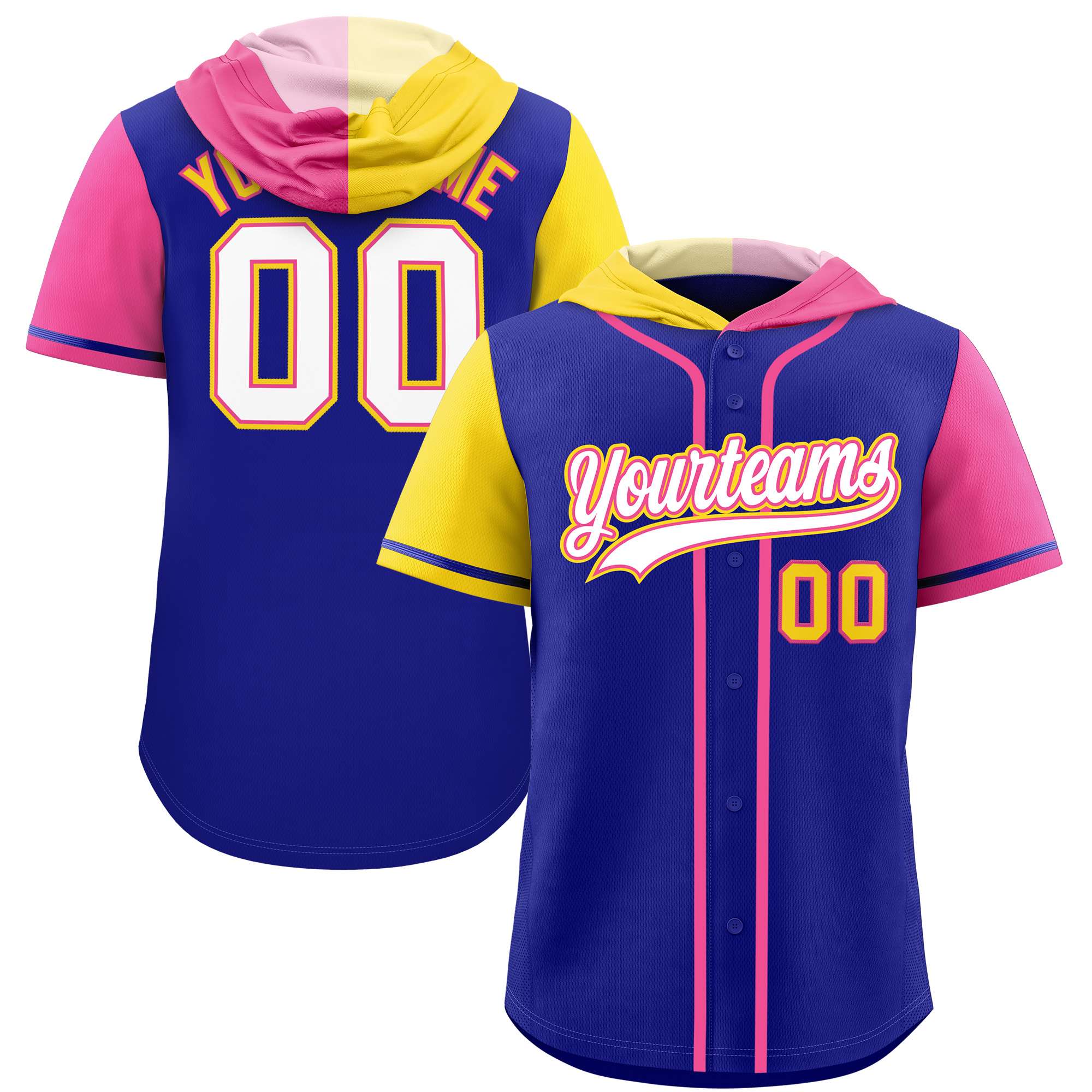 Custom Royal Gold and Pink Split Fashion Raglan Sleeves Authentic Baseball Hoodie Jersey