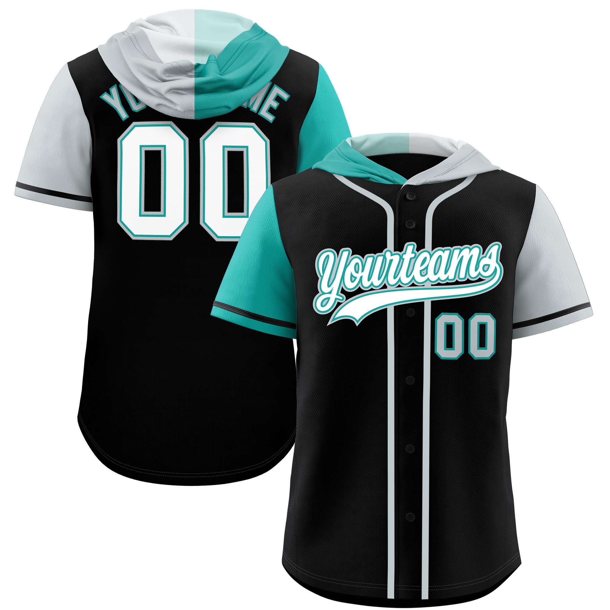 Custom Black Aqua and Silver Split Fashion Raglan Sleeves Authentic Baseball Hoodie Jersey