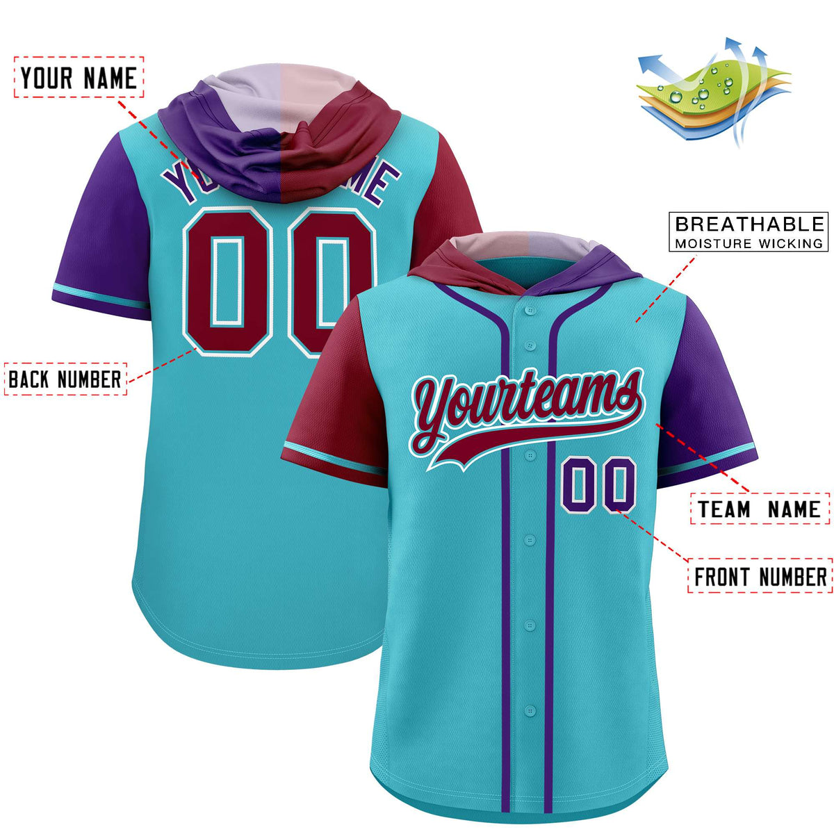 Custom Sky Blue Crimson and Purple Split Fashion Raglan Sleeves Authentic Baseball Hoodie Jersey