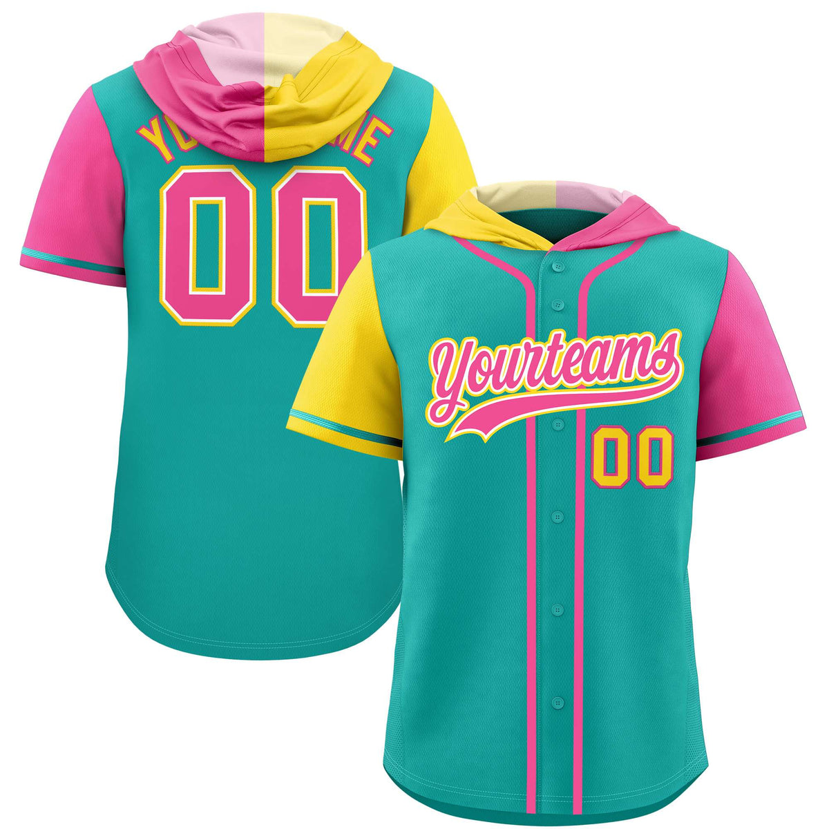Custom Aqua Gold and Pink Split Fashion Raglan Sleeves Authentic Baseball Hoodie Jersey