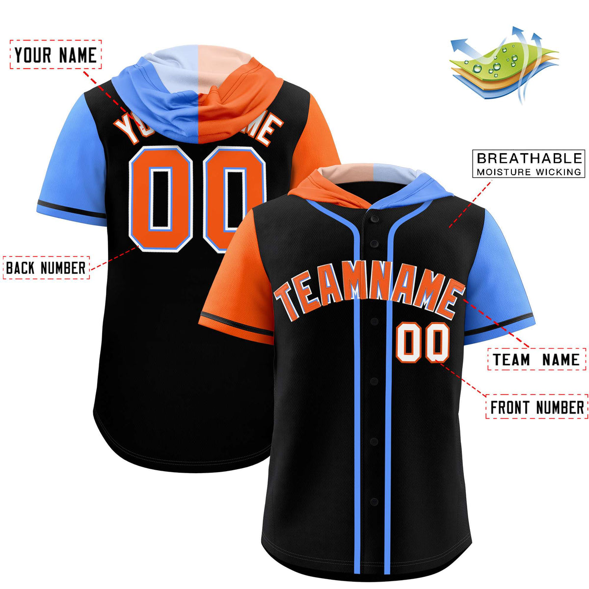 Custom Black Orange and Powder Blue Split Fashion Raglan Sleeves Authentic Baseball Hoodie Jersey