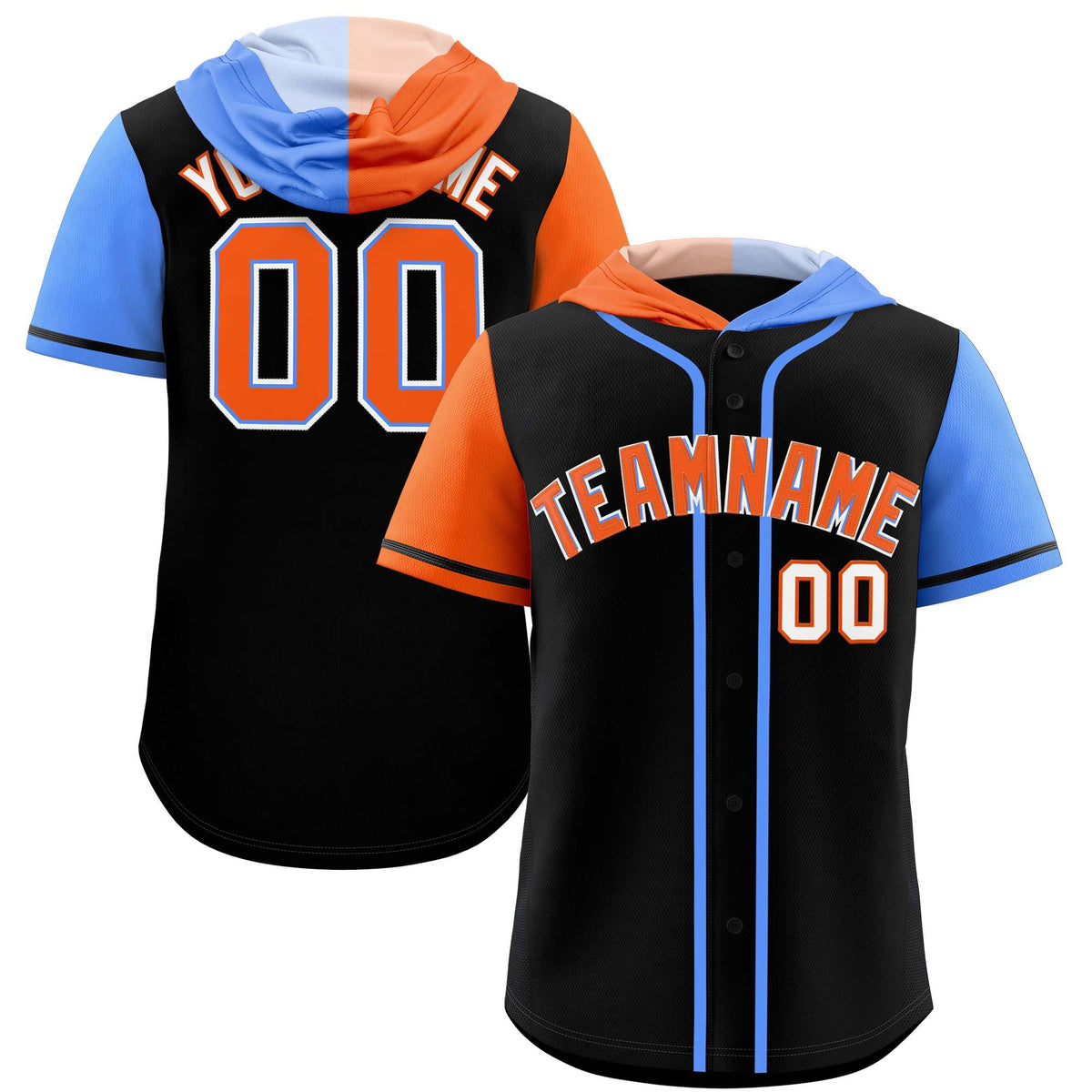 Custom Black Orange and Powder Blue Split Fashion Raglan Sleeves Authentic Baseball Hoodie Jersey