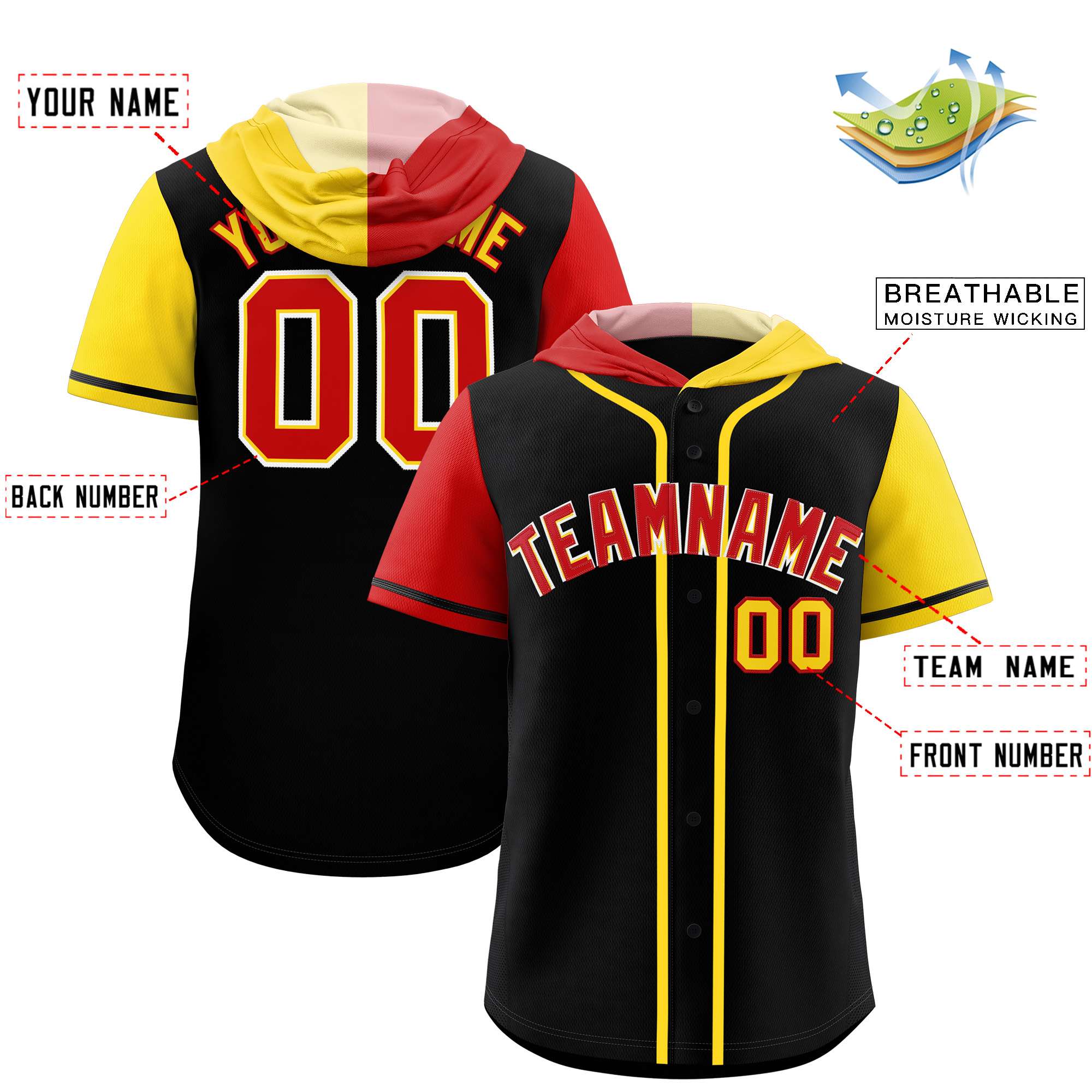 Custom Black Red and Gold Split Fashion Raglan Sleeves Authentic Baseball Hoodie Jersey