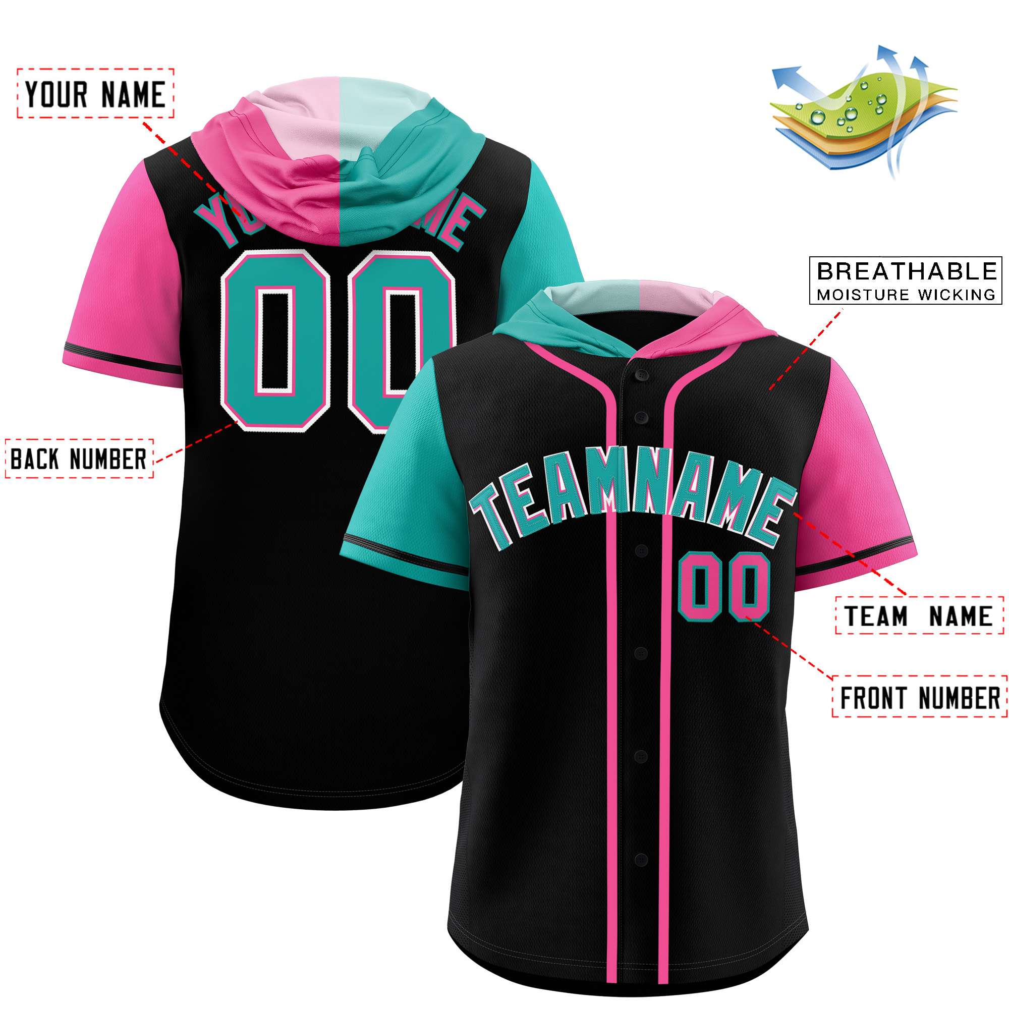 Custom Black Aqua and Pink Split Fashion Raglan Sleeves Authentic Baseball Hoodie Jersey
