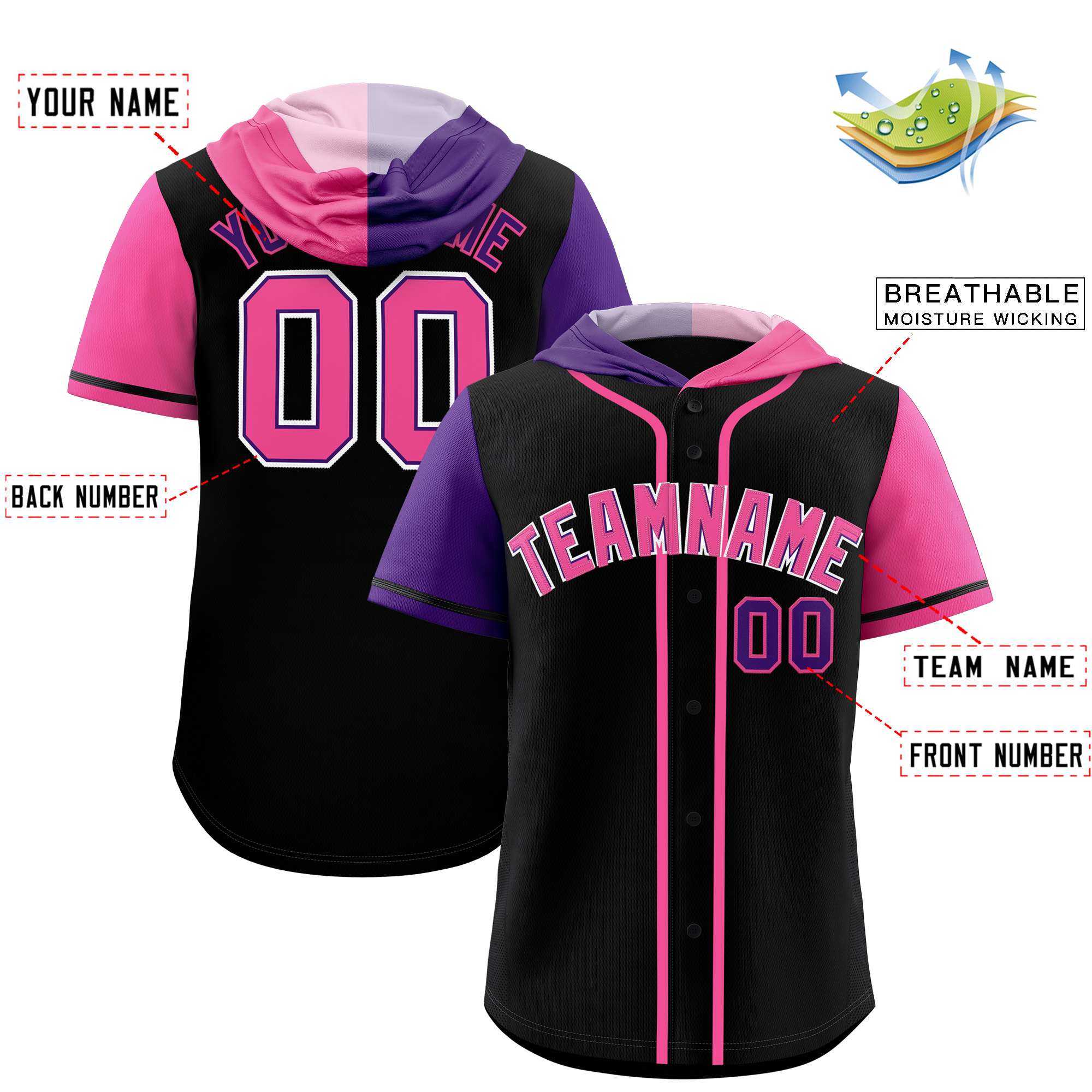 Custom Black Purple and Pink Split Fashion Raglan Sleeves Authentic Baseball Hoodie Jersey