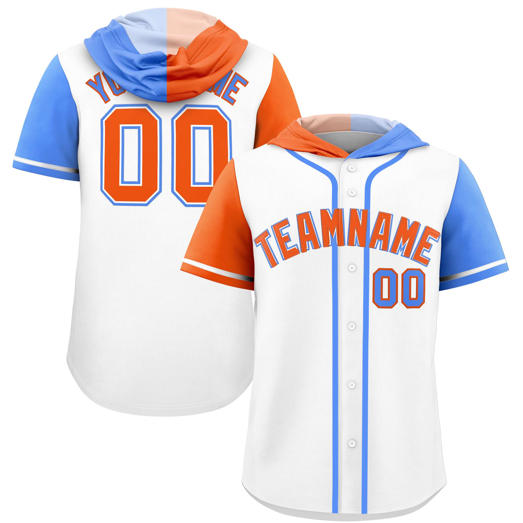 Custom White Orange and Powder Blue Split Fashion Raglan Sleeves Authentic Baseball Hoodie Jersey