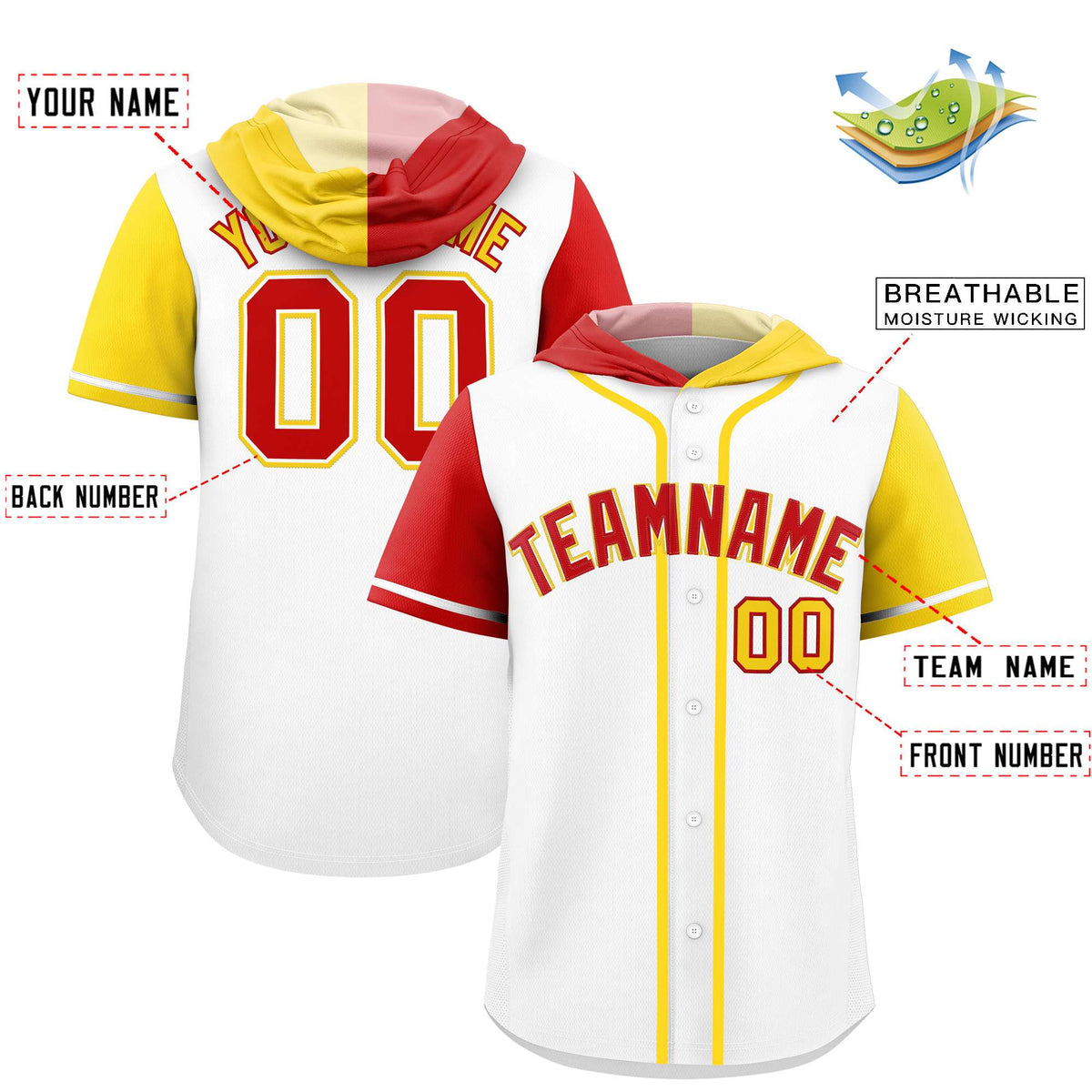 Custom White Red and Gold Split Fashion Raglan Sleeves Authentic Baseball Hoodie Jersey