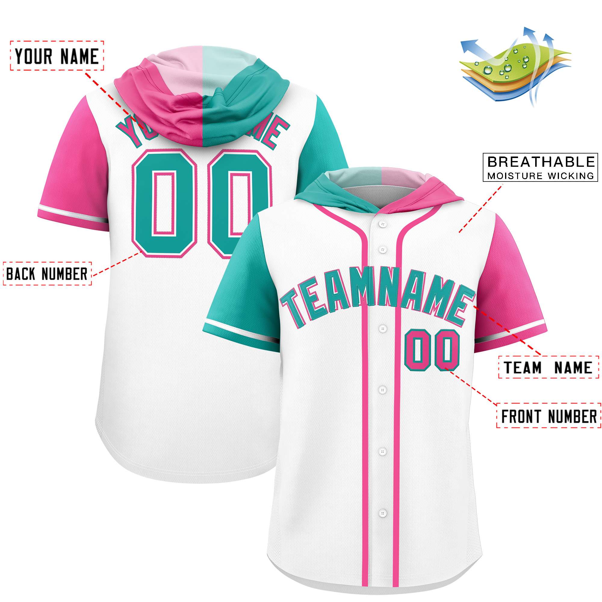 Custom White Aqua and Pink Split Fashion Raglan Sleeves Authentic Baseball Hoodie Jersey