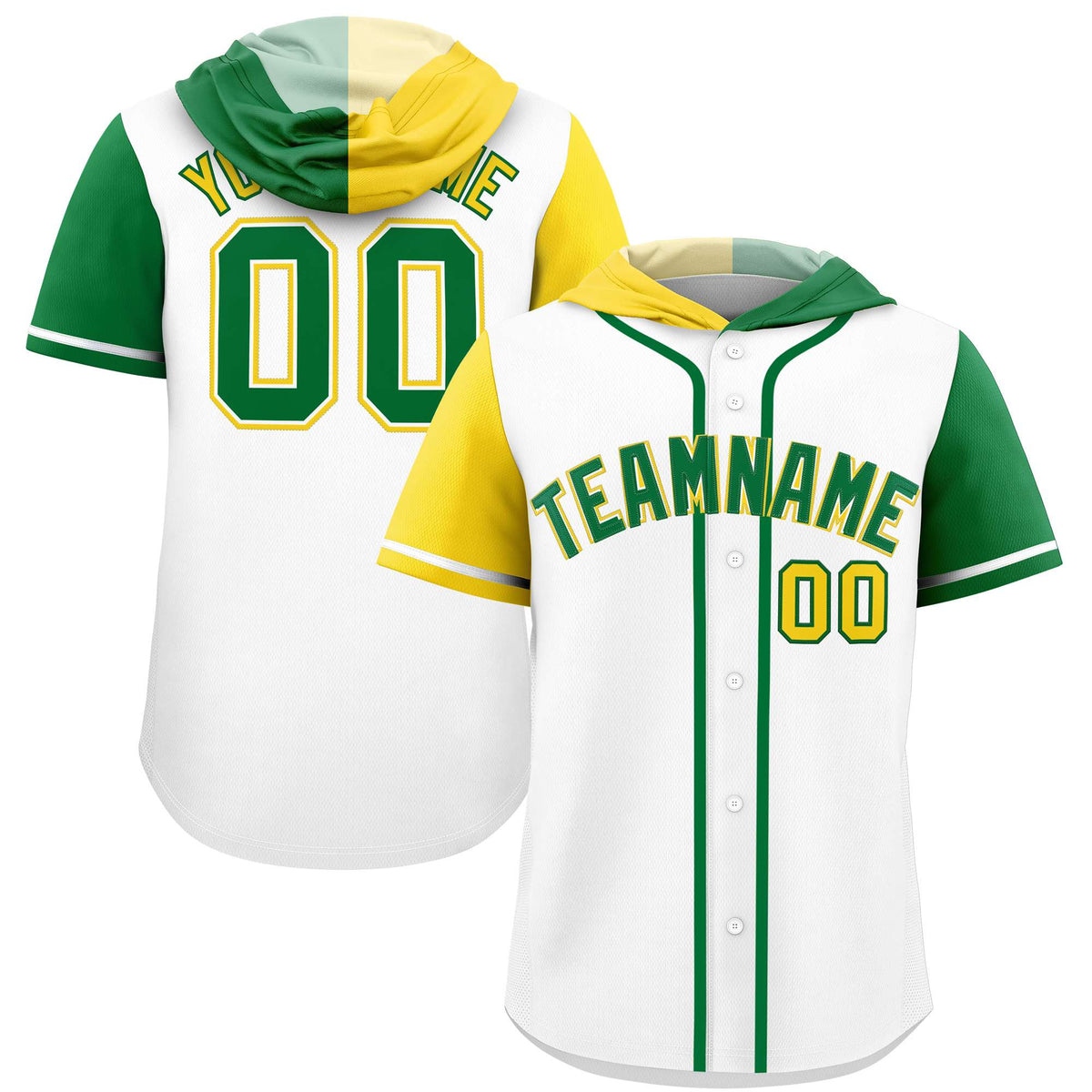 Custom White Gold and Kelly Green Split Fashion Raglan Sleeves Authentic Baseball Hoodie Jersey