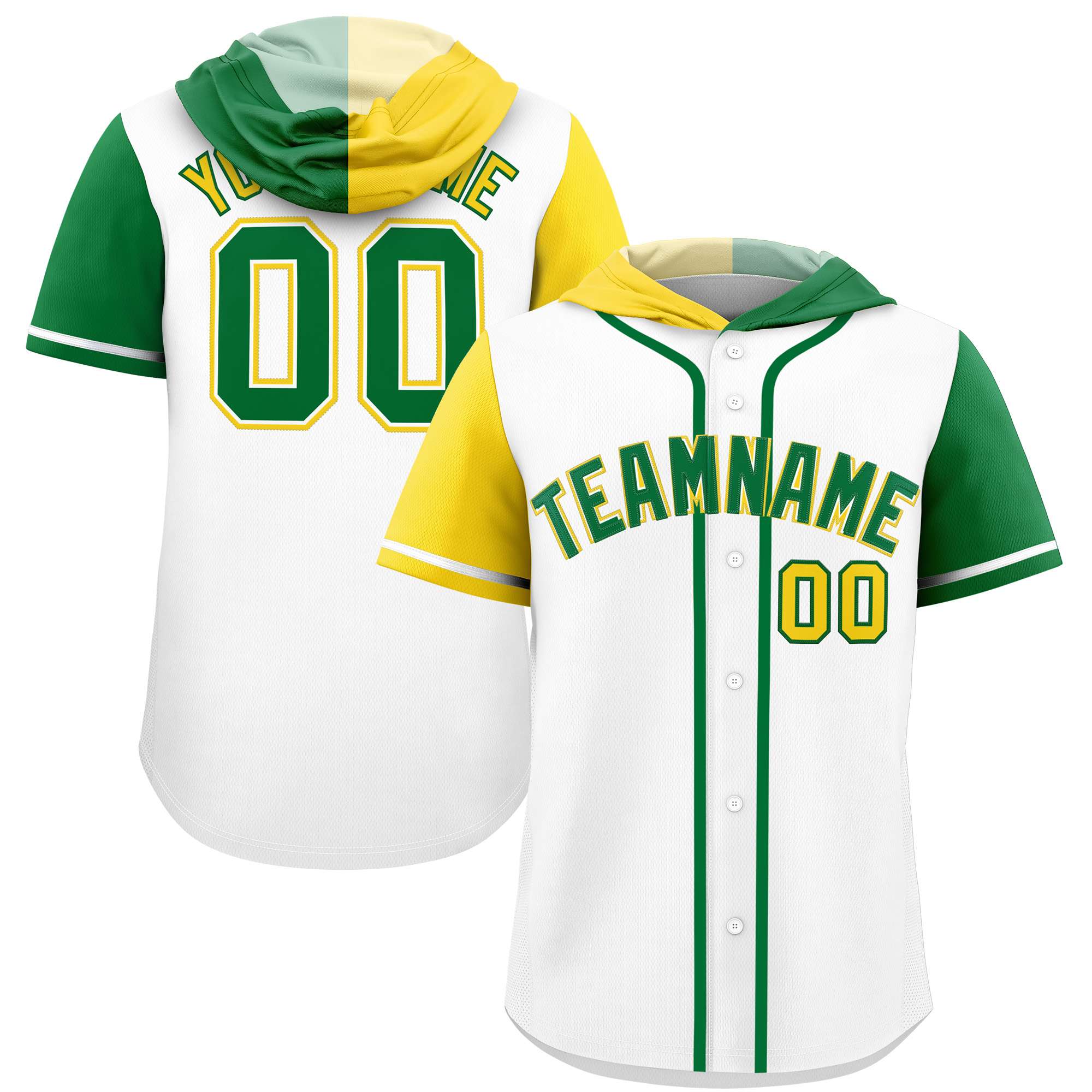 Custom White Gold and Kelly Green Split Fashion Raglan Sleeves Authentic Baseball Hoodie Jersey