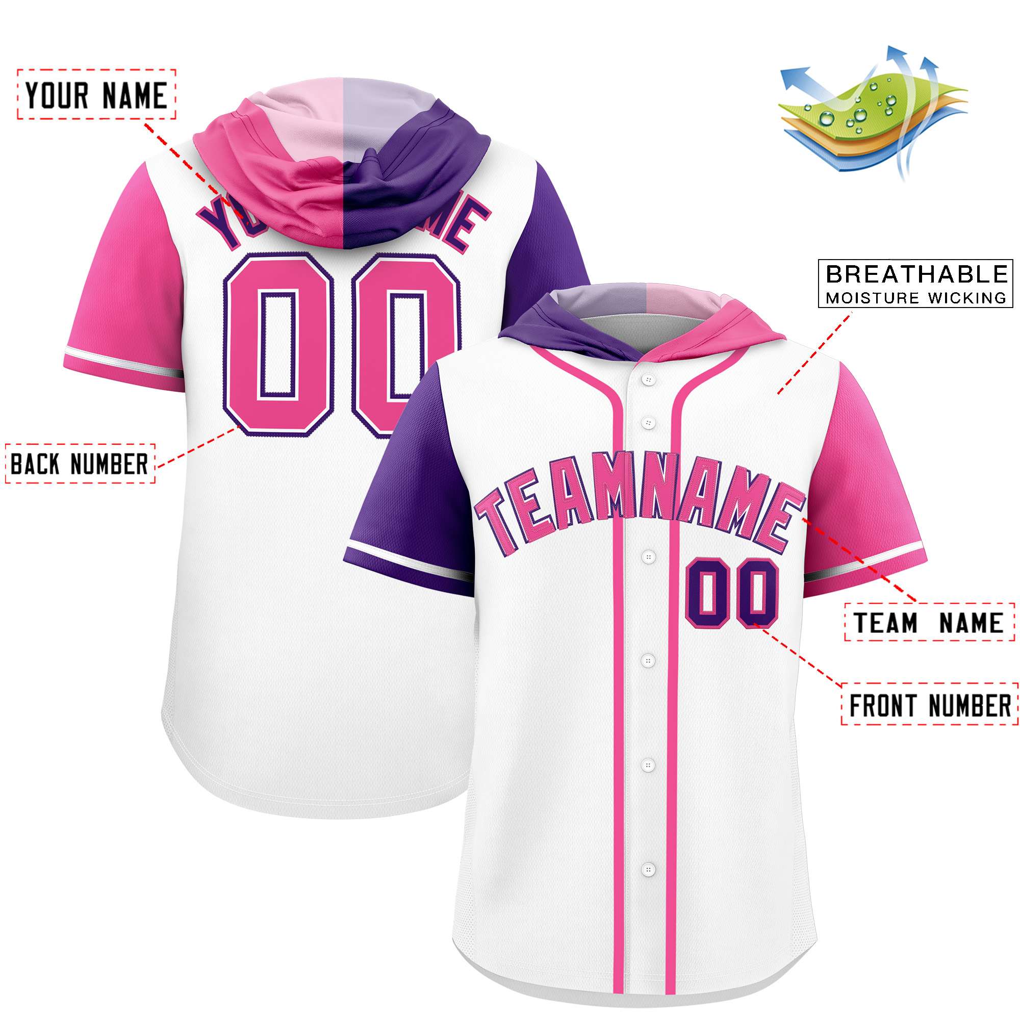 Custom White Purple and Pink Split Fashion Raglan Sleeves Authentic Baseball Hoodie Jersey