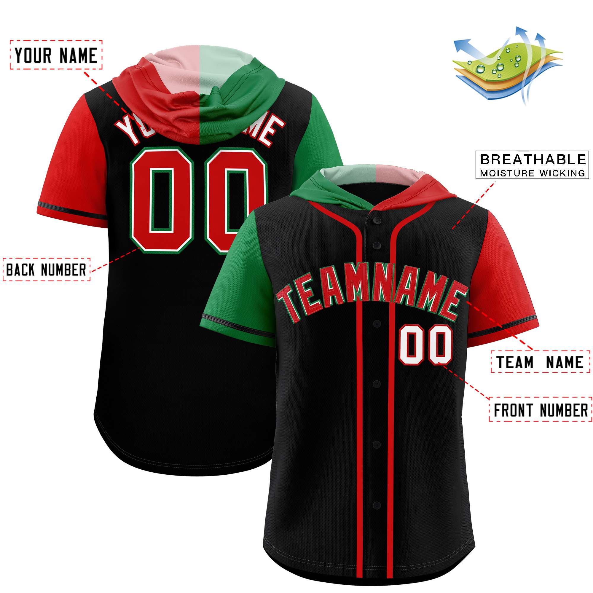 Custom Black Kelly Green and Red Split Fashion Raglan Sleeves Authentic Baseball Hoodie Jersey