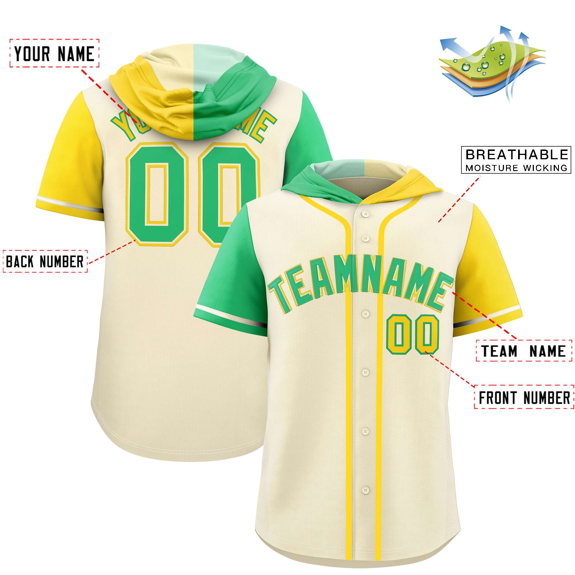 Custom Cream Bright Green and Gold Split Fashion Raglan Sleeves Authentic Baseball Hoodie Jersey