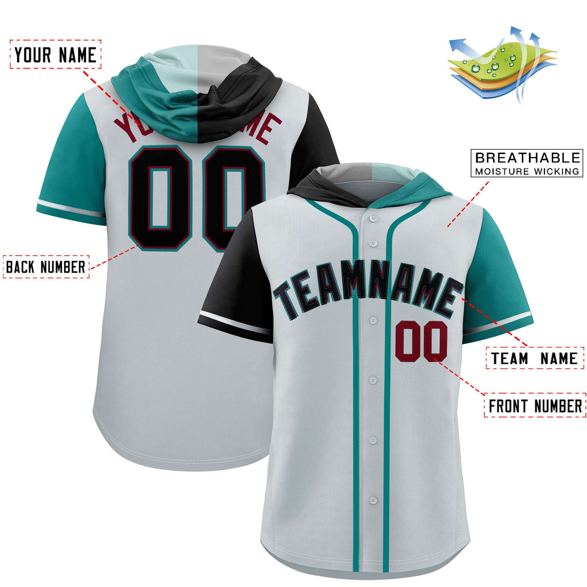 Custom Silver Black and Aqua Split Fashion Raglan Sleeves Authentic Baseball Hoodie Jersey