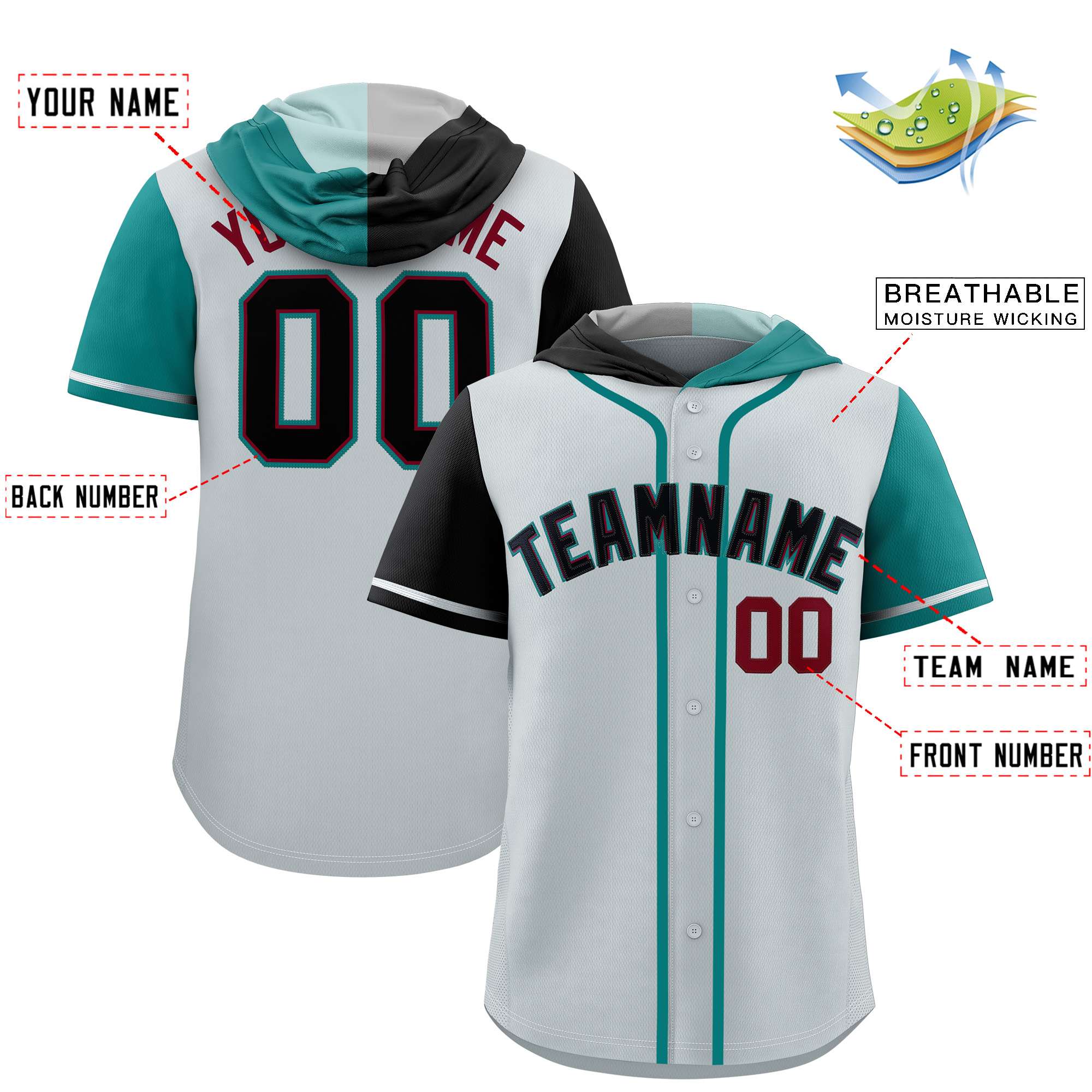 Custom Silver Black and Aqua Split Fashion Raglan Sleeves Authentic Baseball Hoodie Jersey