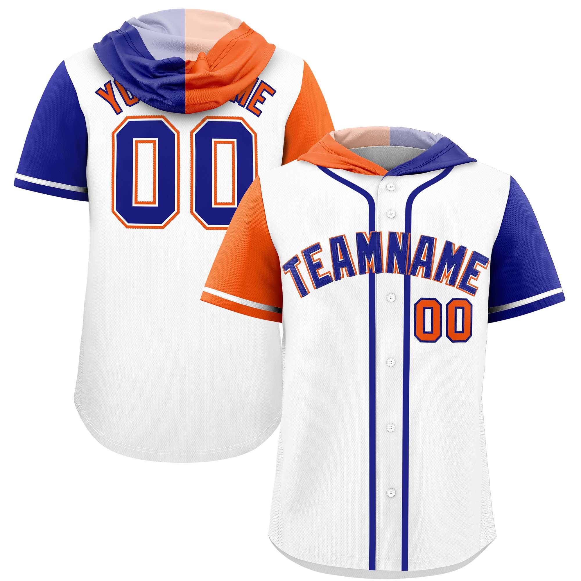 Custom White Orange and Royal Split Fashion Raglan Sleeves Authentic Baseball Hoodie Jersey
