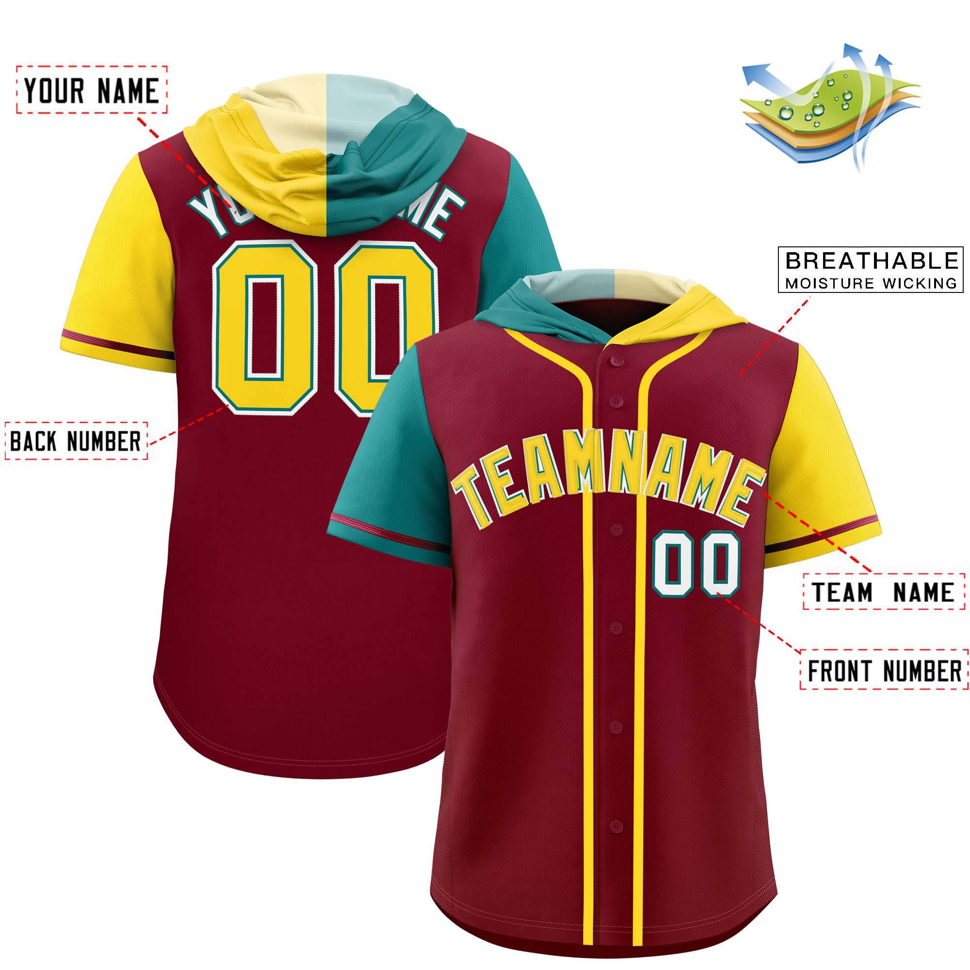 Custom Crimson Aqua and Gold Split Fashion Raglan Sleeves Authentic Baseball Hoodie Jersey