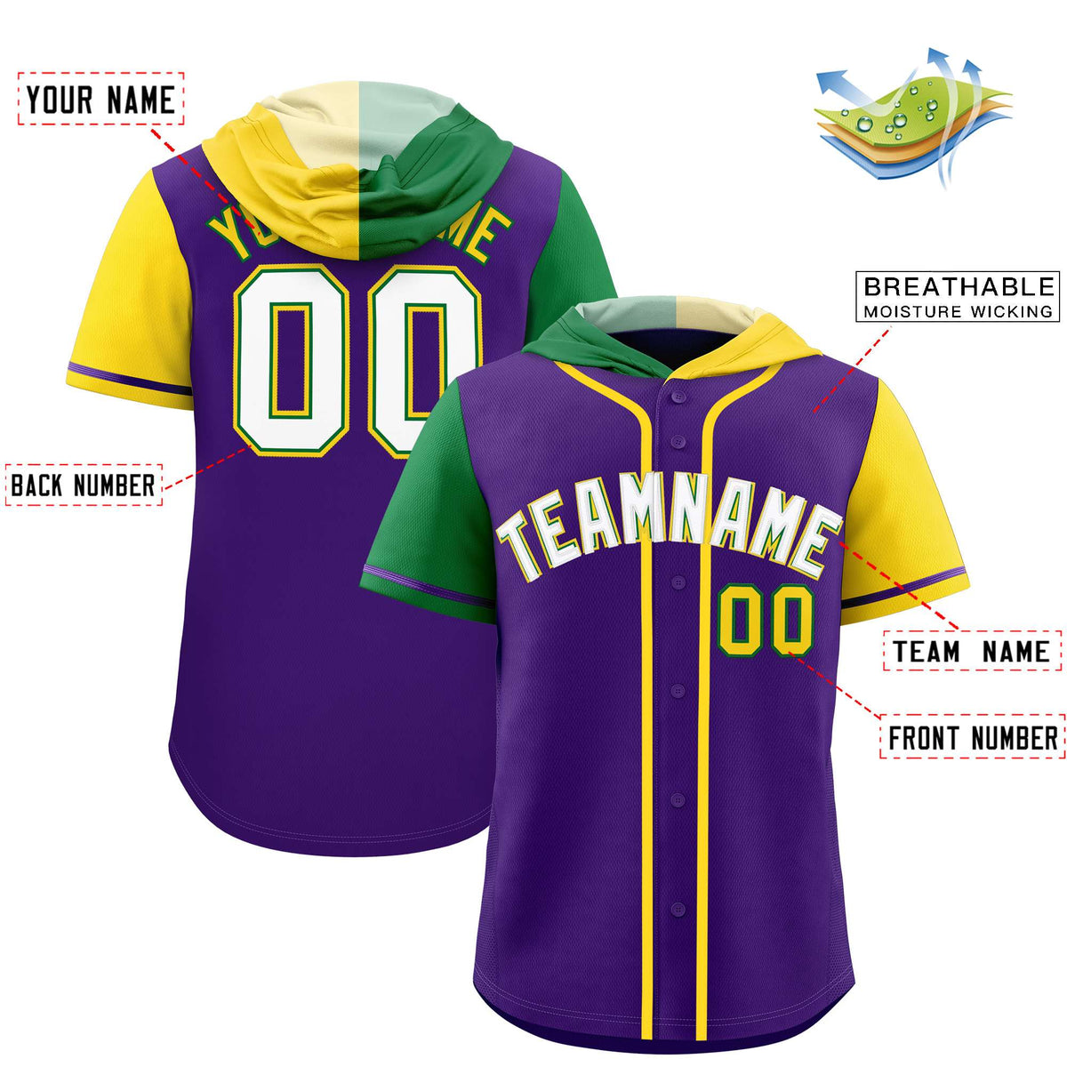 Custom Purple Kelly Green and Gold Split Fashion Raglan Sleeves Authentic Baseball Hoodie Jersey