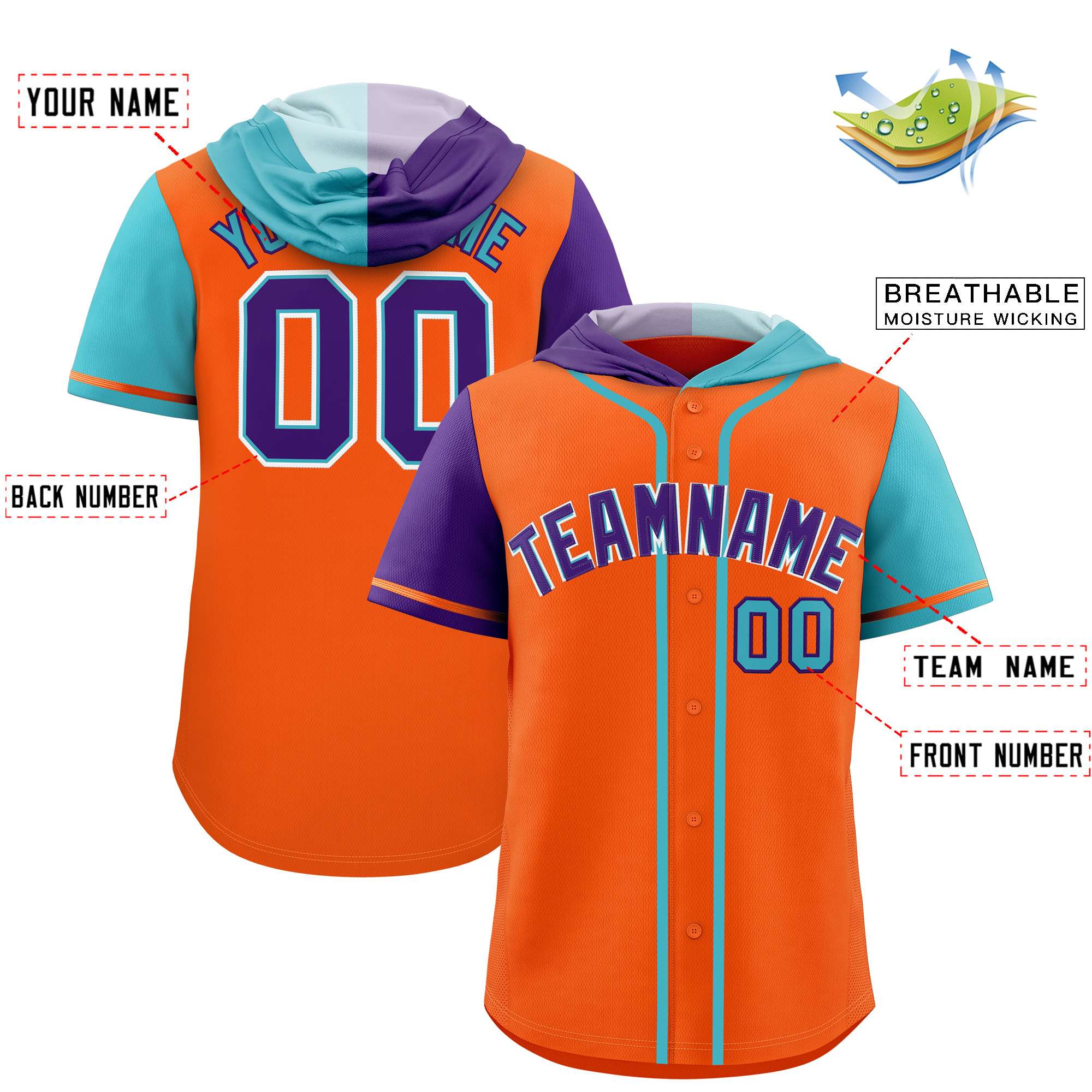 Custom Orange Purple and Sky Blue Split Fashion Raglan Sleeves Authentic Baseball Hoodie Jersey