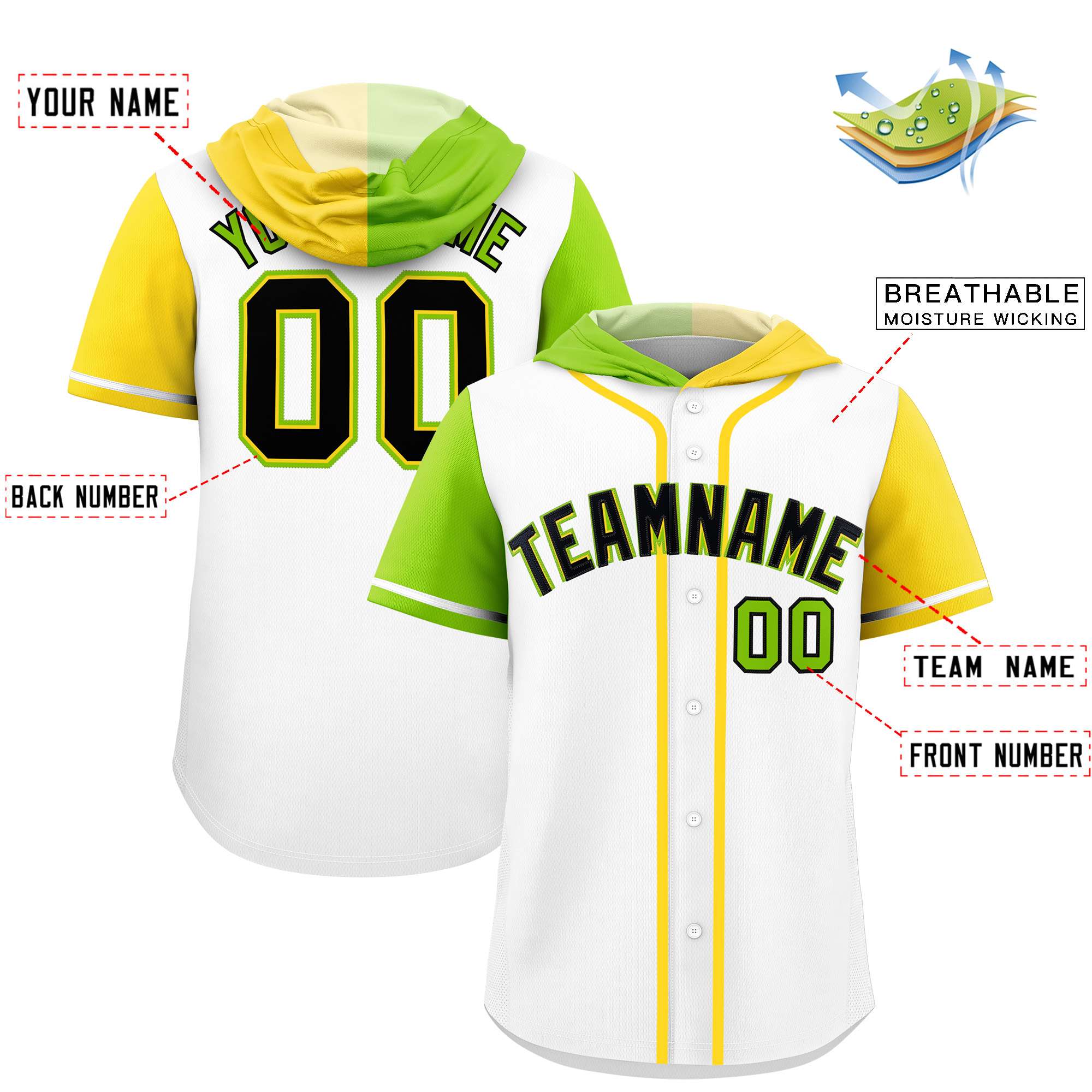 Custom White Neon Green and Gold Split Fashion Raglan Sleeves Authentic Baseball Hoodie Jersey